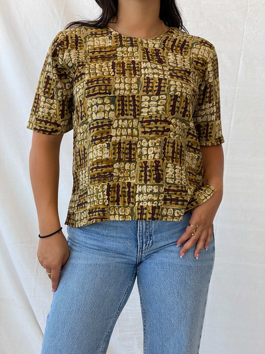 Earth-Tone African Mud Cloth Half-Sleeve Top - M - Balagan Vintage Half Sleeve Top 00s, Lana, summer, Y2K