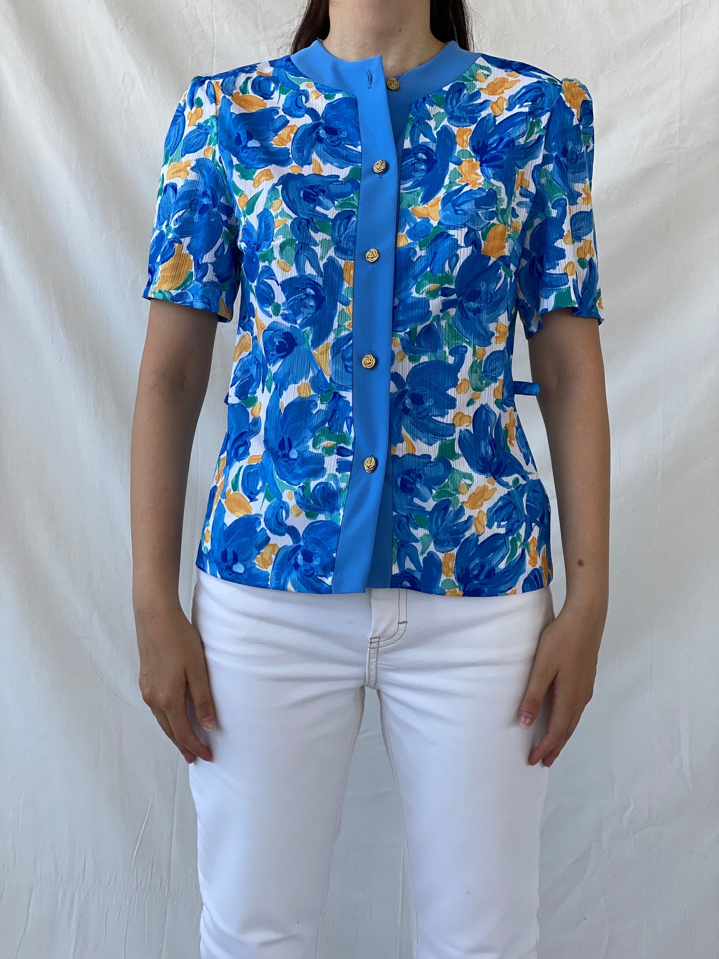 Elegant 90s Blue Orange Handmade Watercolor Floral Women’s Shirt - M - Balagan Vintage Half Sleeve Shirt 00s, Ayah, floral shirt, half sleeve shirt, NEW IN, shirt, women shirt