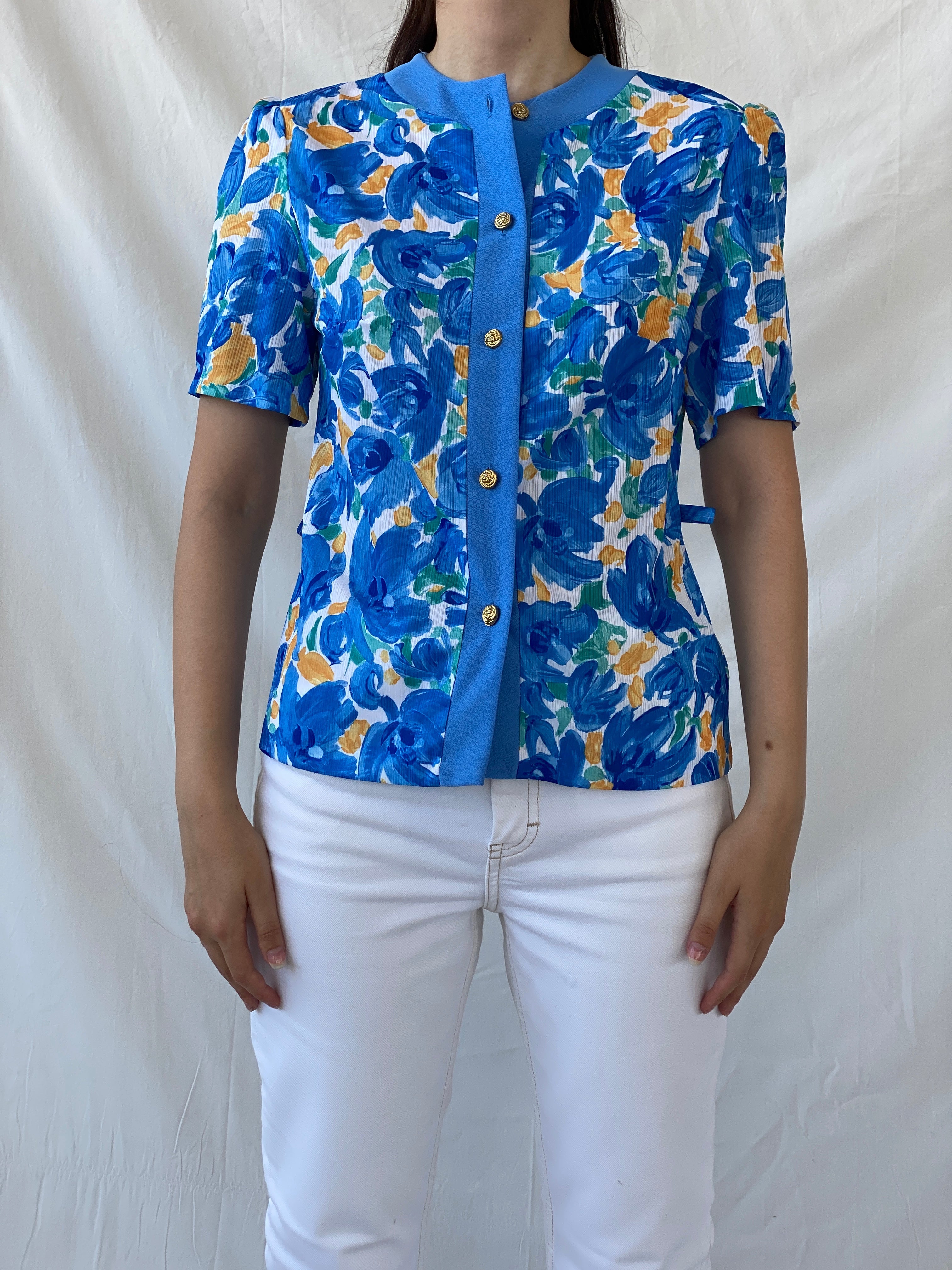 Elegant 90s Blue Orange Handmade Watercolor Floral Women’s Shirt - M - Balagan Vintage Half Sleeve Shirt 00s, Ayah, floral shirt, half sleeve shirt, NEW IN, shirt, women shirt