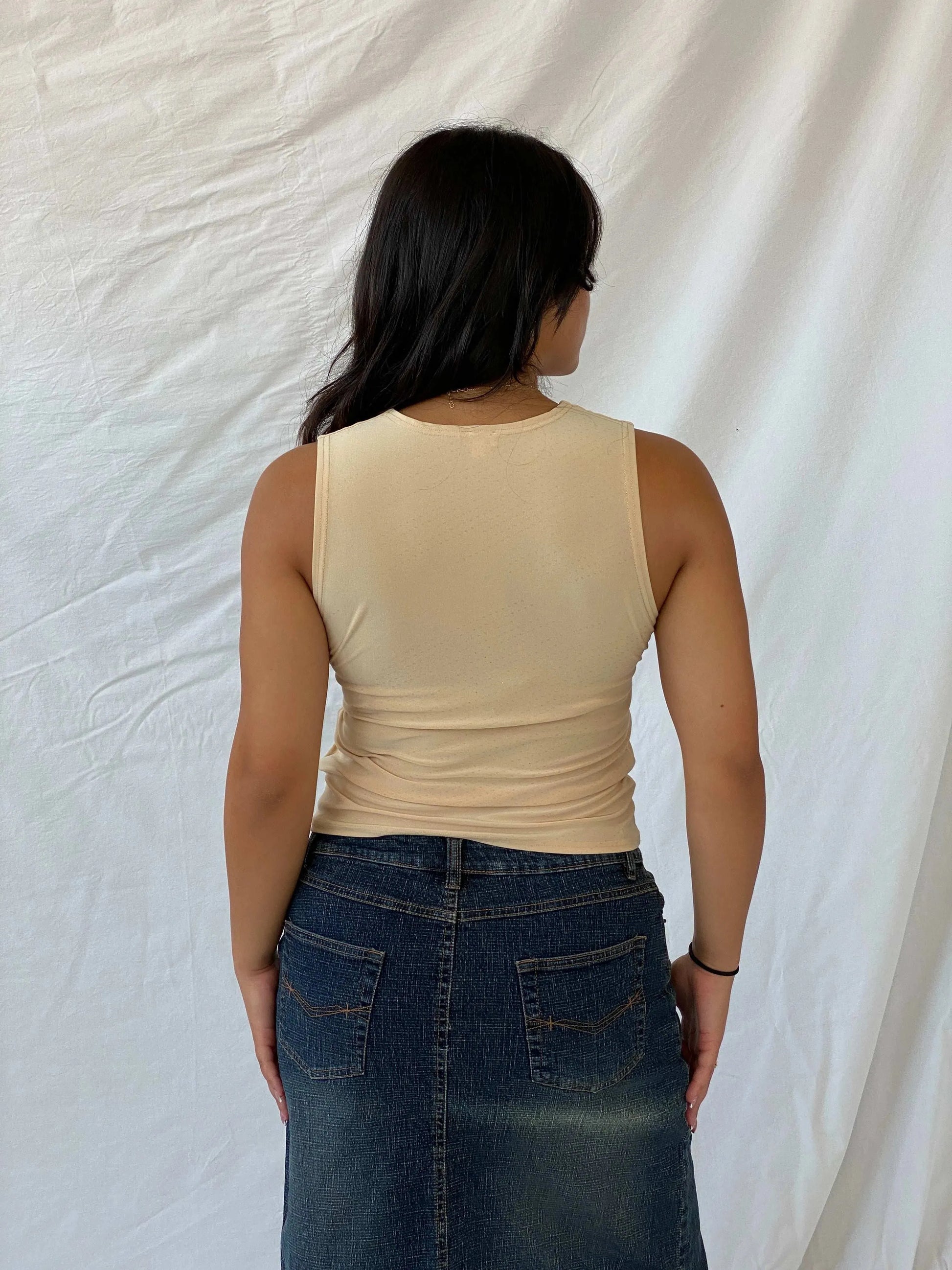 Elegant 90s Etam Shimmery Beige Sleeveless V-Neck Top - M - Balagan Vintage Sleeveless Top 00s, Lana, sleeveless top, summer, women top