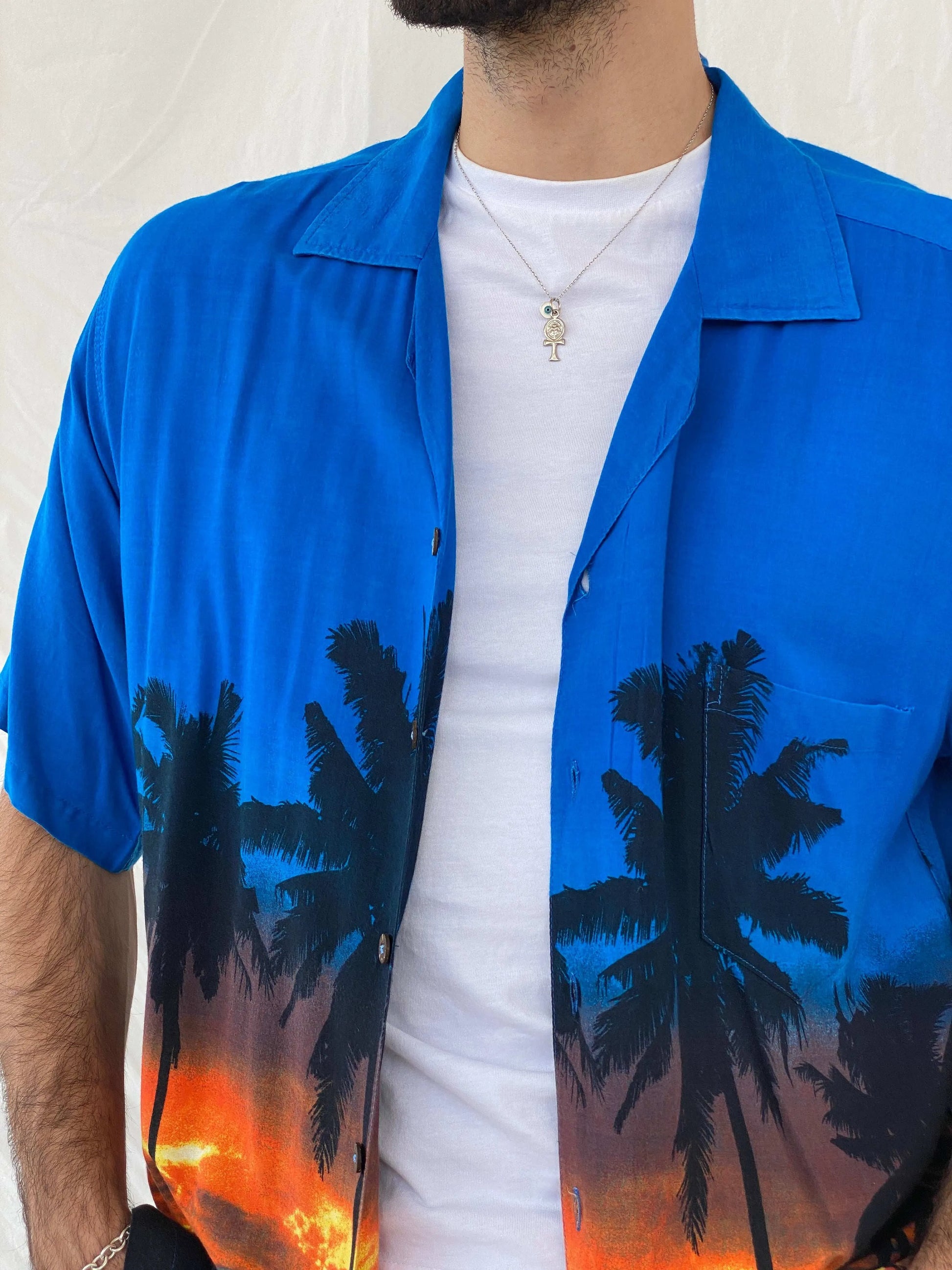 Favant Sunset Hawaiian Blue and Orange Shirt Size XL - Balagan Vintage Half Sleeve Top 90s, Awsam, half sleeve shirt, Hawaiian shirt, mens shirt, printed shirt