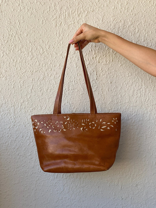 Genuine Leather Floral Perforated Design Shoulder Tote Bag - Balagan Vintage Shoulder Bag 00s, 90s, bag, genuine leather, shoulder bag, summer, Y2K