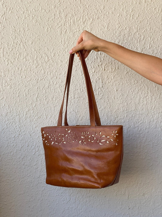 Genuine Leather Floral Perforated Design Shoulder Tote Bag - Balagan Vintage Shoulder Bag 00s, 90s, bag, genuine leather, shoulder bag, summer, Y2K