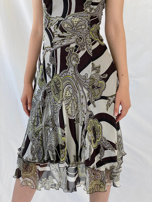 Gorgeous Claudia Sträter Paisley Print Brown Green Silk Sleeveless Summer Vacation Midi Dress - S - Balagan Vintage Midi Dress 90s dress, Ayah, dress, floral dress, midi dress, NEW IN, silk, summer dress