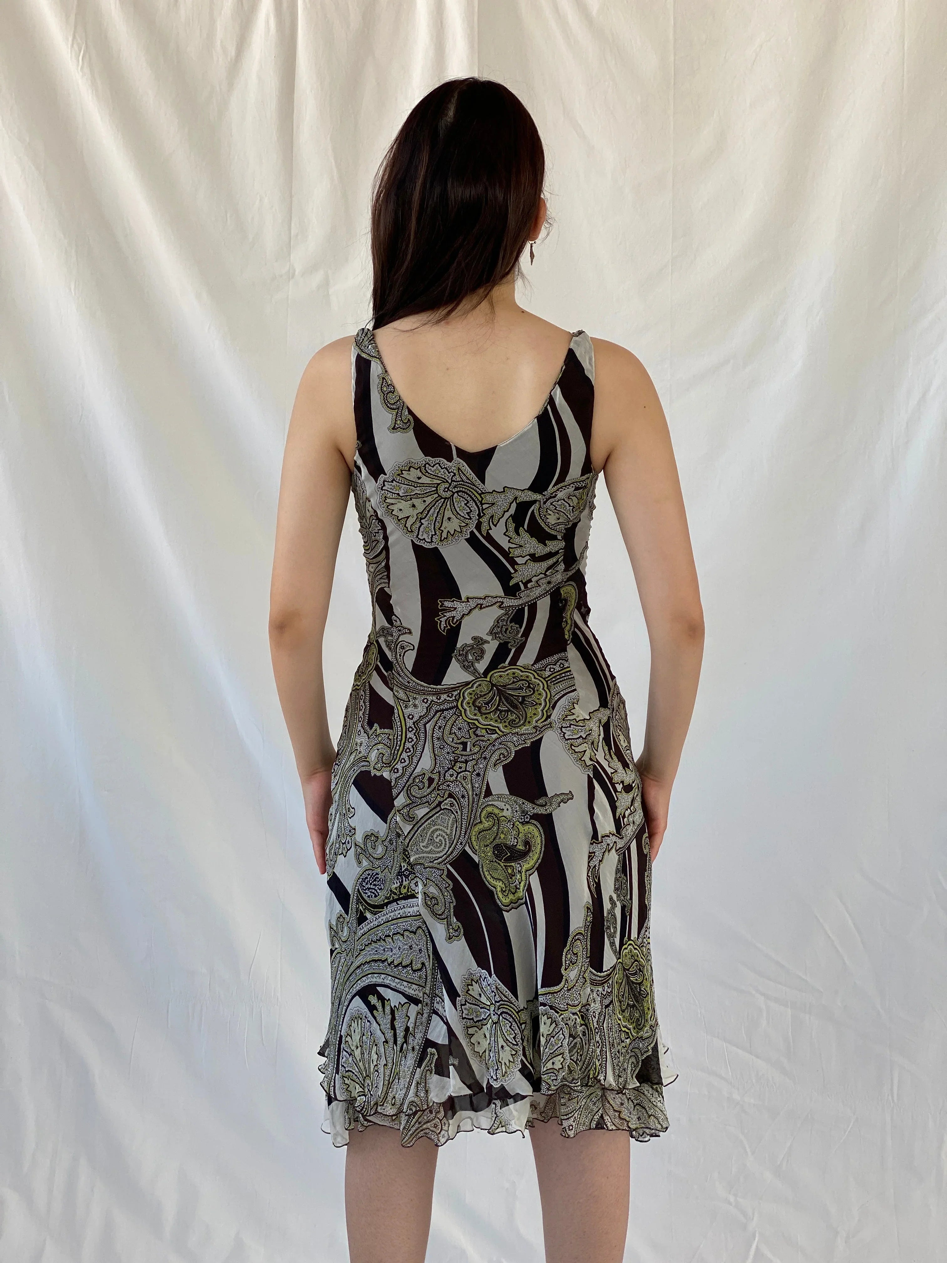 Gorgeous Claudia Sträter Paisley Print Brown Green Silk Sleeveless Summer Vacation Midi Dress - S - Balagan Vintage Midi Dress 90s dress, Ayah, dress, floral dress, midi dress, NEW IN, silk, summer dress
