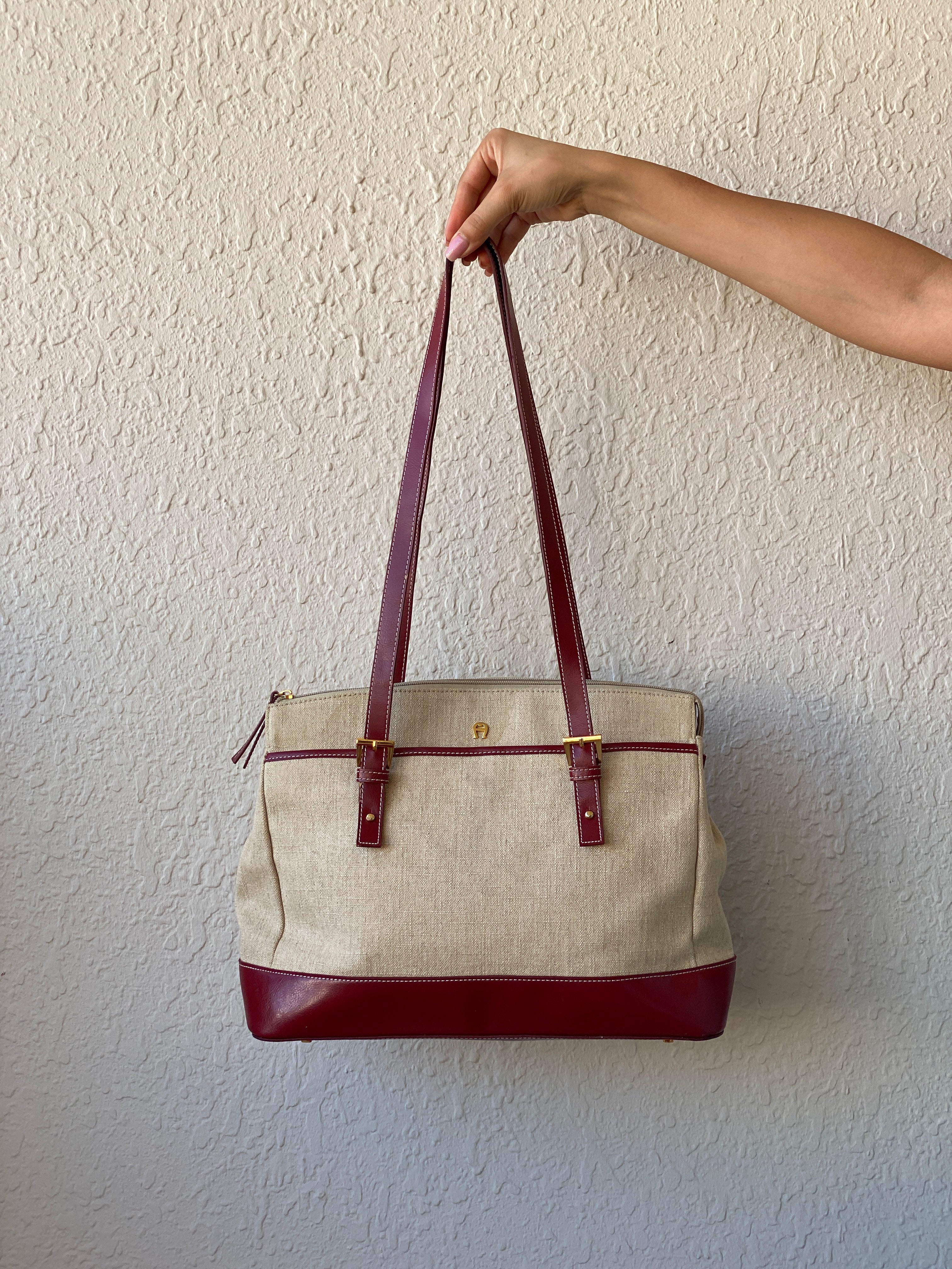 Gorgeous Etienne Aigner Tan Linen Canvas Red Leather Tote Shoulder Bag - Balagan Vintage Handbags 00s, 90s, bag, NEW IN, shoulder bag, Y2K