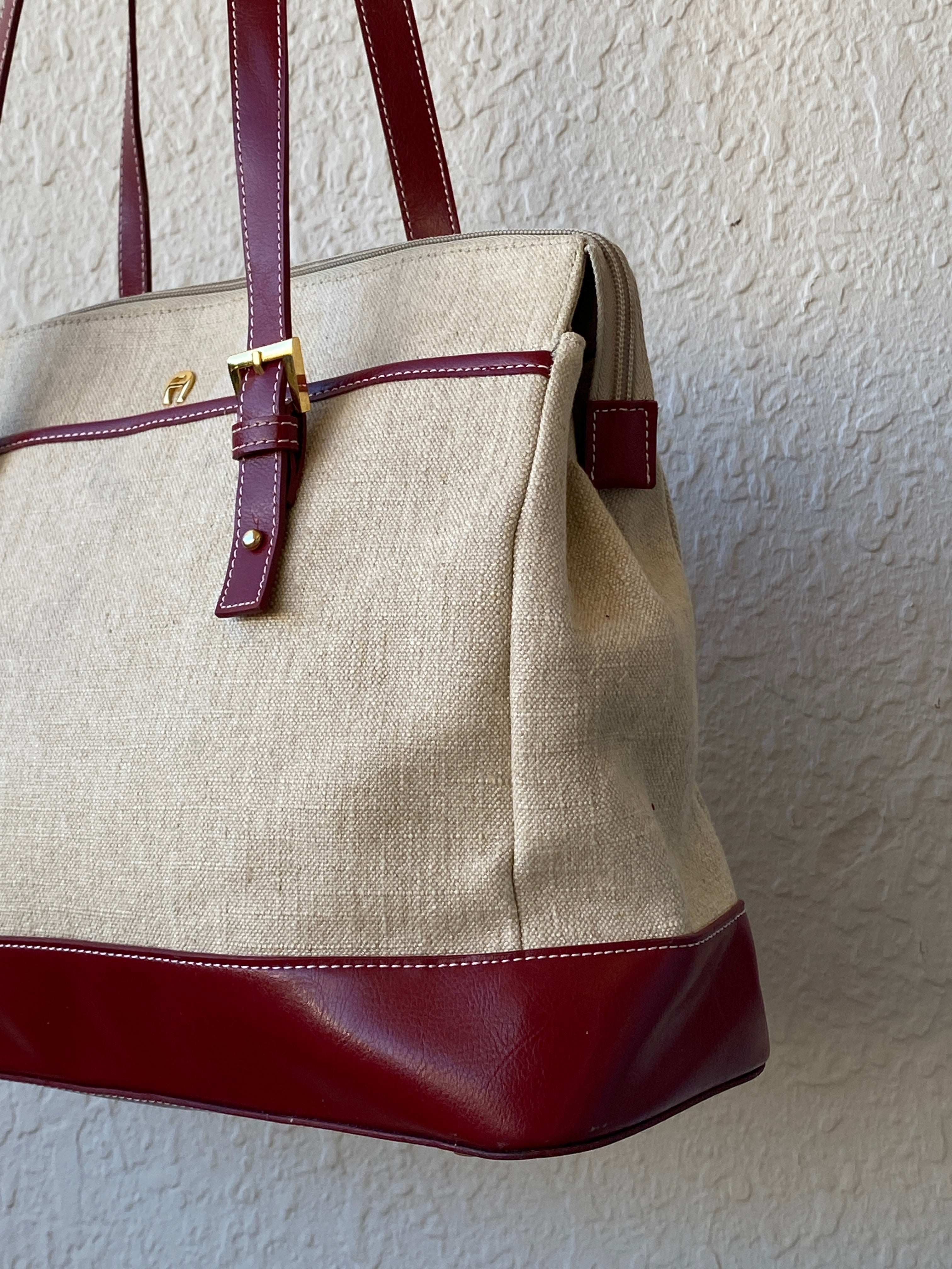 Gorgeous Etienne Aigner Tan Linen Canvas Red Leather Tote Shoulder Bag - Balagan Vintage Handbags 00s, 90s, bag, NEW IN, shoulder bag, Y2K