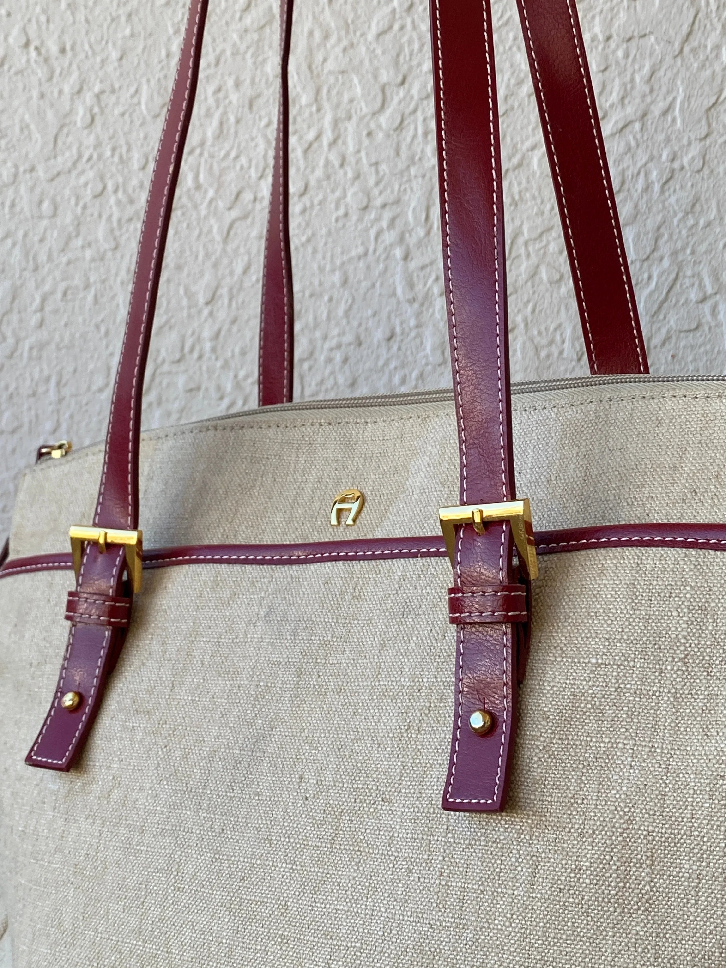 Gorgeous Etienne Aigner Tan Linen Canvas Red Leather Tote Shoulder Bag - Balagan Vintage Handbags 00s, 90s, bag, NEW IN, shoulder bag, Y2K