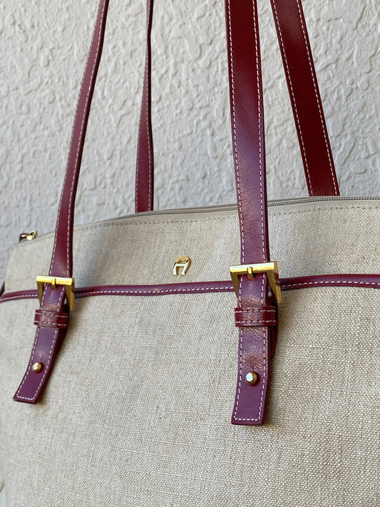 Gorgeous Etienne Aigner Tan Linen Canvas Red Leather Tote Shoulder Bag - Balagan Vintage Handbags 00s, 90s, bag, NEW IN, shoulder bag, Y2K