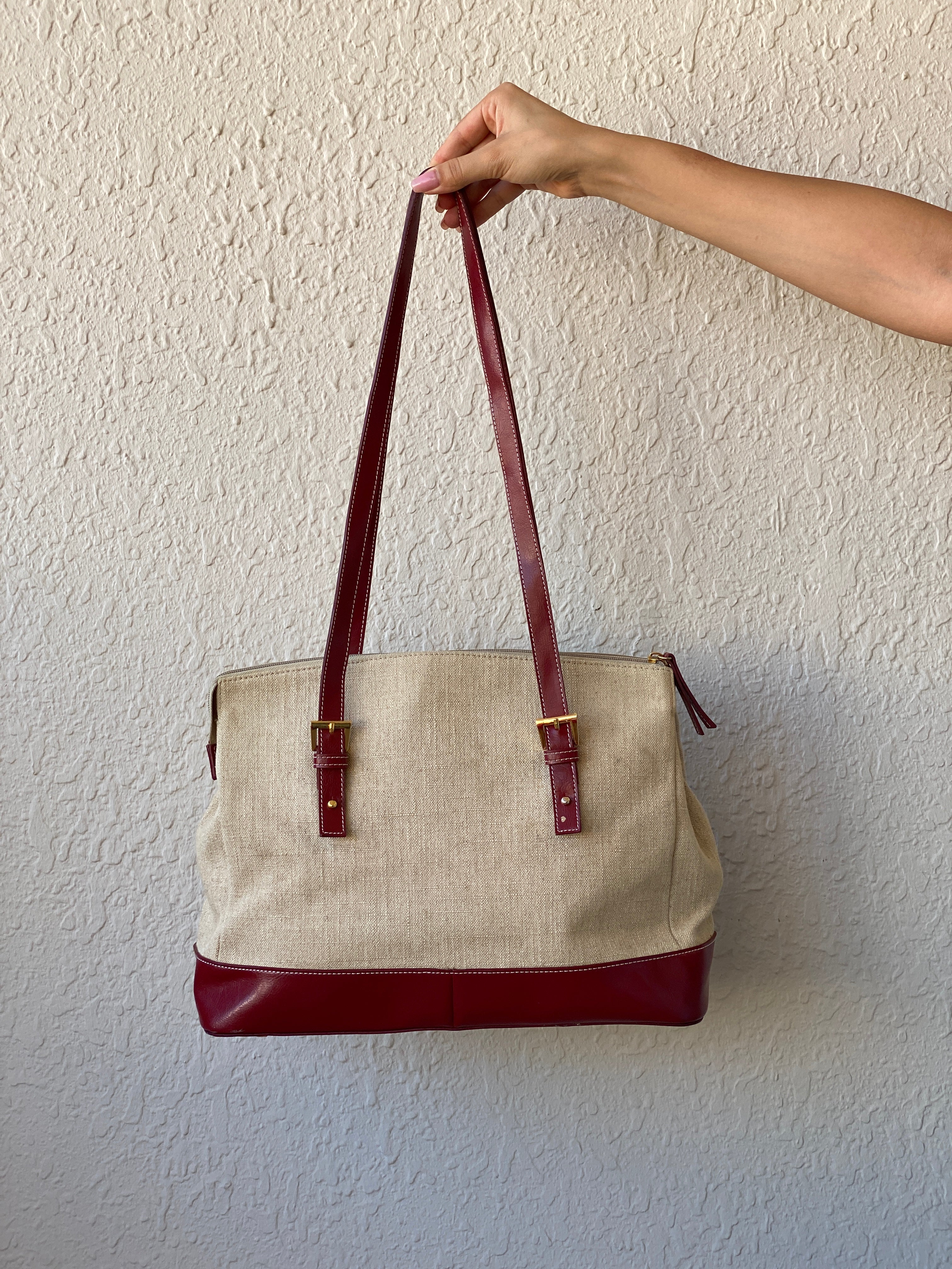 Gorgeous Etienne Aigner Tan Linen Canvas Red Leather Tote Shoulder Bag - Balagan Vintage Handbags 00s, 90s, bag, NEW IN, shoulder bag, Y2K