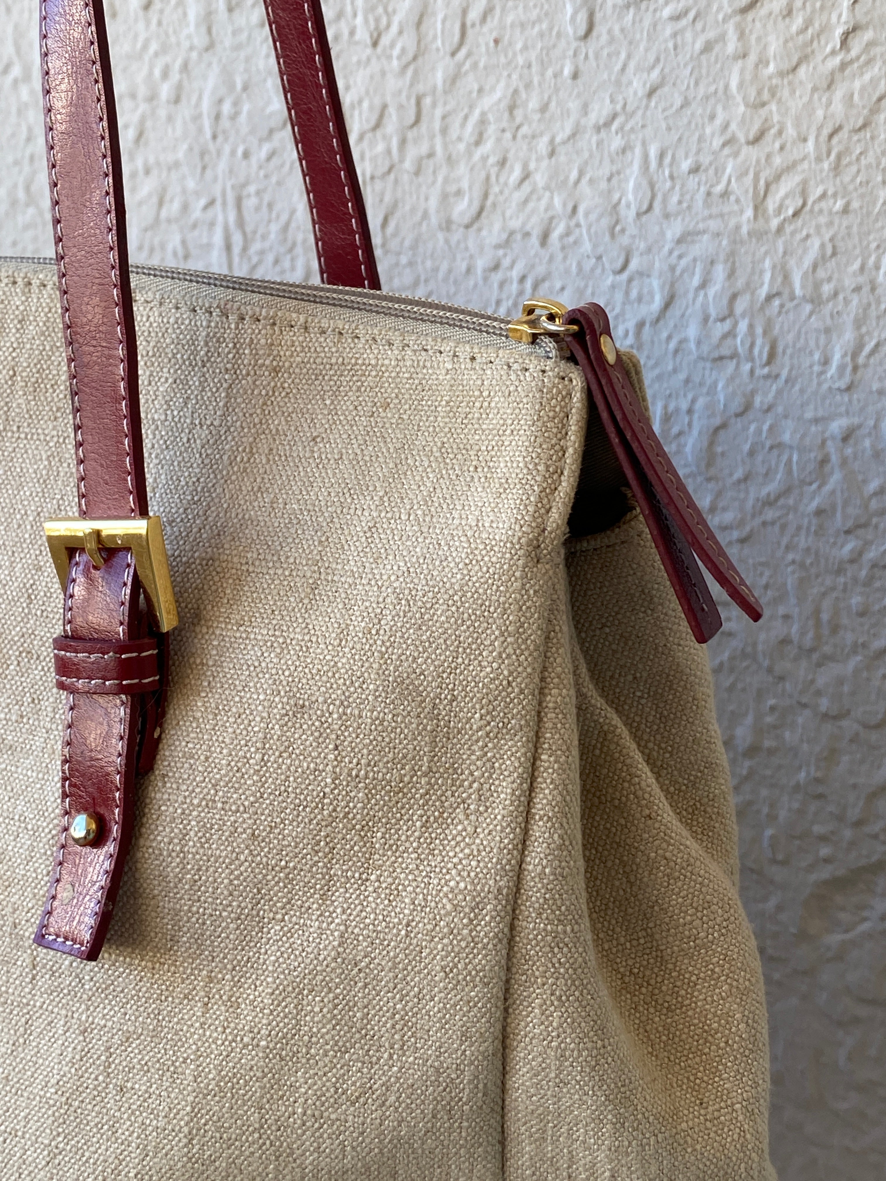 Gorgeous Etienne Aigner Tan Linen Canvas Red Leather Tote Shoulder Bag - Balagan Vintage Handbags 00s, 90s, bag, NEW IN, shoulder bag, Y2K