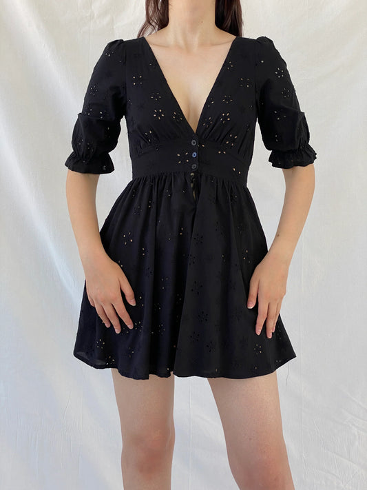 Gorgeous For Love & Lemons Black Eyelet Puff Sleeve Tie Waist Mini Summer Vacation Dress - S - Balagan Vintage Mini Dress Ayah, consignment, dress, Hala, Mini Dress, NEW IN, vintage dress