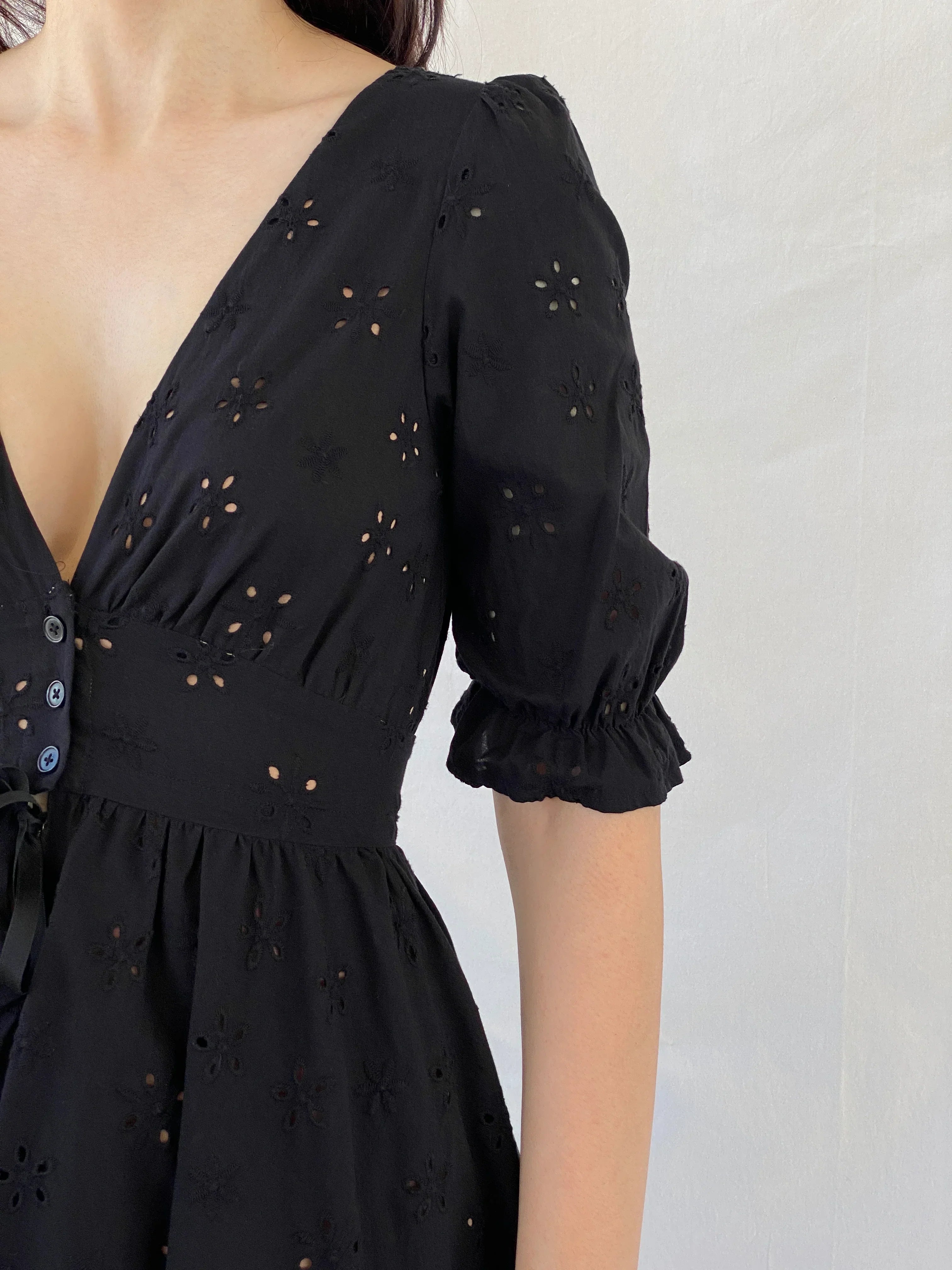 Gorgeous For Love & Lemons Black Eyelet Puff Sleeve Tie Waist Mini Summer Vacation Dress - S - Balagan Vintage Mini Dress Ayah, consignment, dress, Hala, Mini Dress, NEW IN, vintage dress