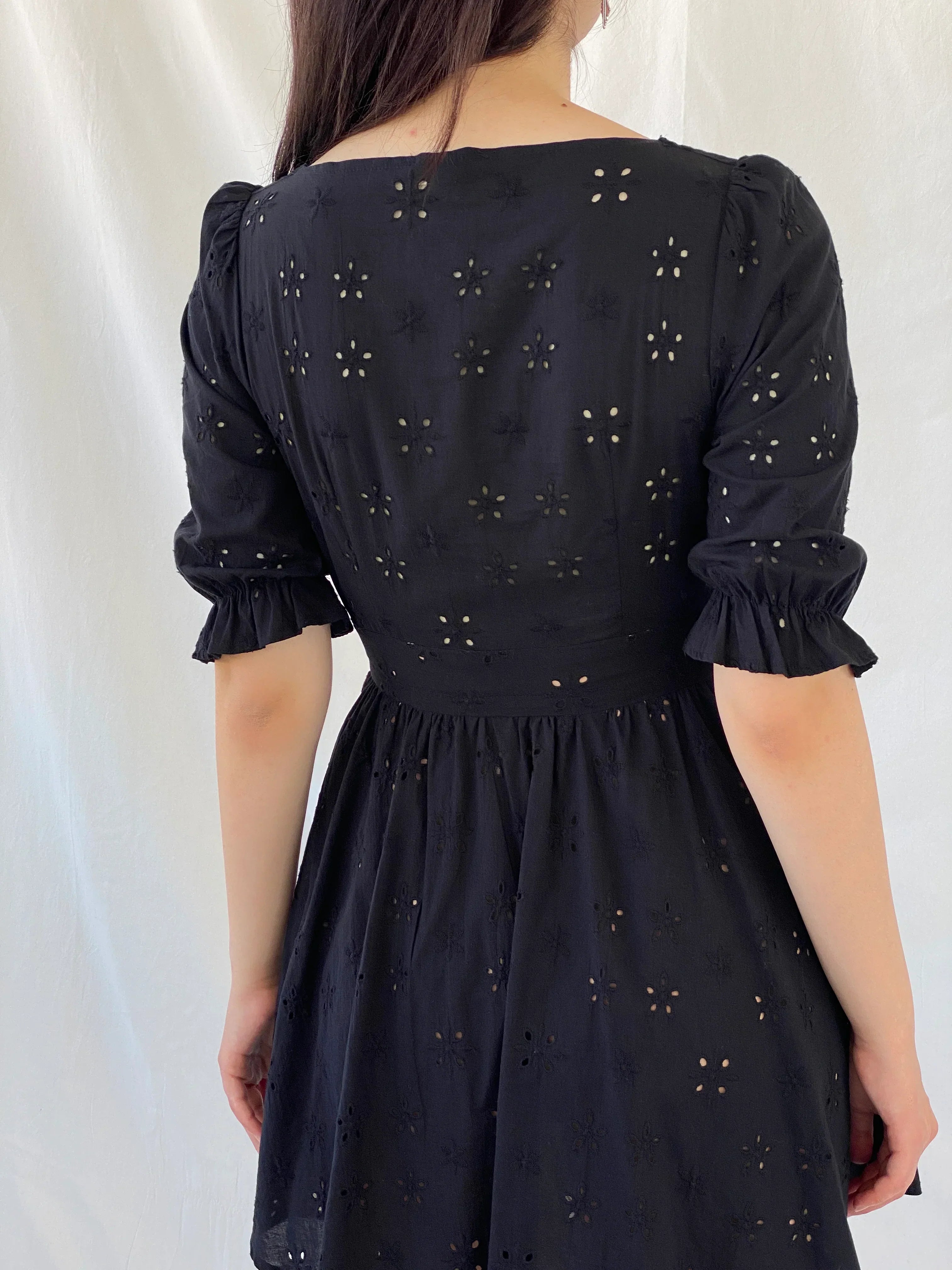 Gorgeous For Love & Lemons Black Eyelet Puff Sleeve Tie Waist Mini Summer Vacation Dress - S - Balagan Vintage Mini Dress Ayah, consignment, dress, Hala, Mini Dress, NEW IN, vintage dress