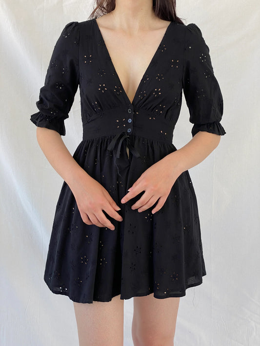 Gorgeous For Love & Lemons Black Eyelet Puff Sleeve Tie Waist Mini Summer Vacation Dress - S - Balagan Vintage Mini Dress Ayah, consignment, dress, Hala, Mini Dress, NEW IN, vintage dress