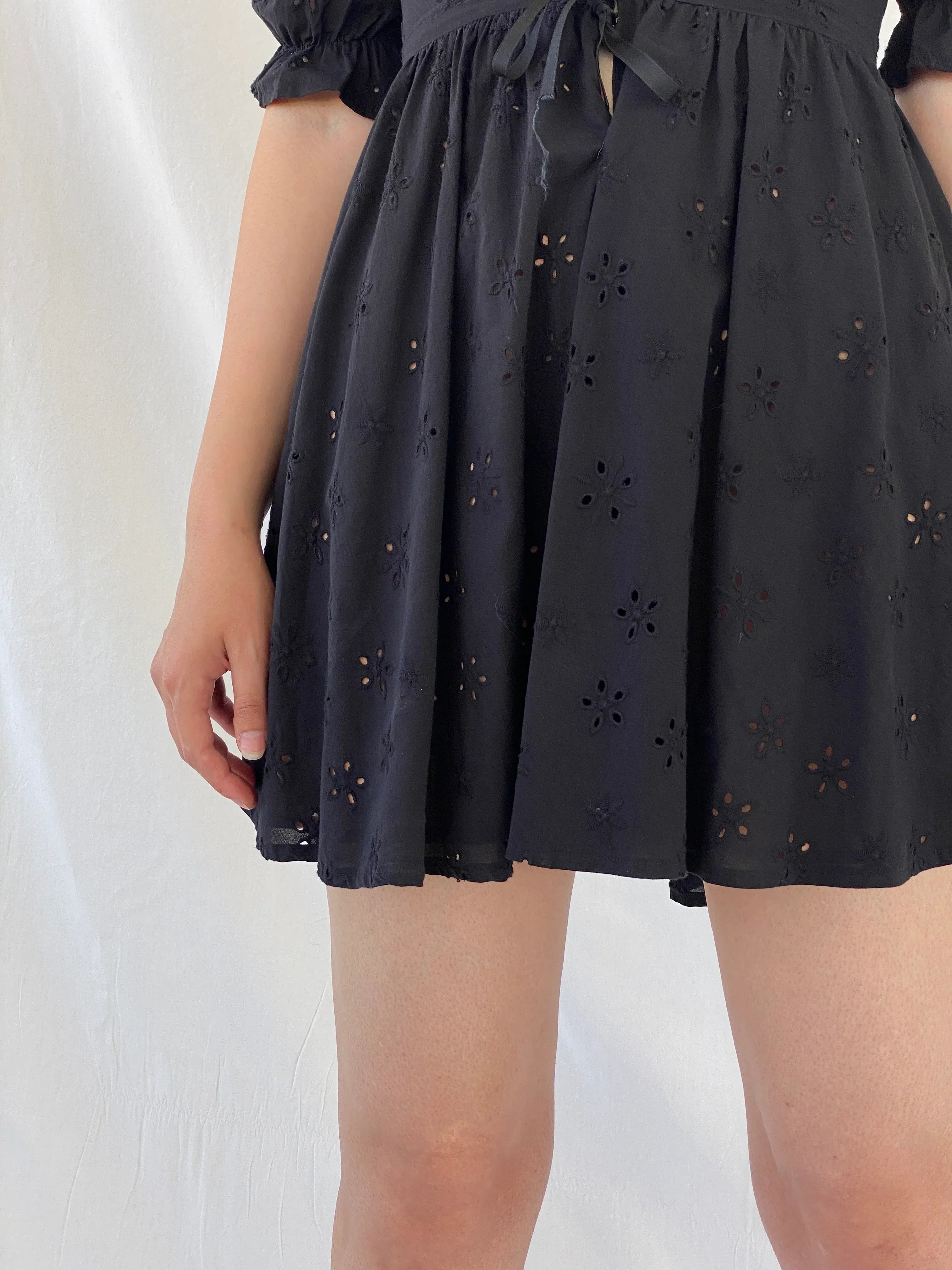 Gorgeous For Love & Lemons Black Eyelet Puff Sleeve Tie Waist Mini Summer Vacation Dress - S - Balagan Vintage Mini Dress Ayah, consignment, dress, Hala, Mini Dress, NEW IN, vintage dress
