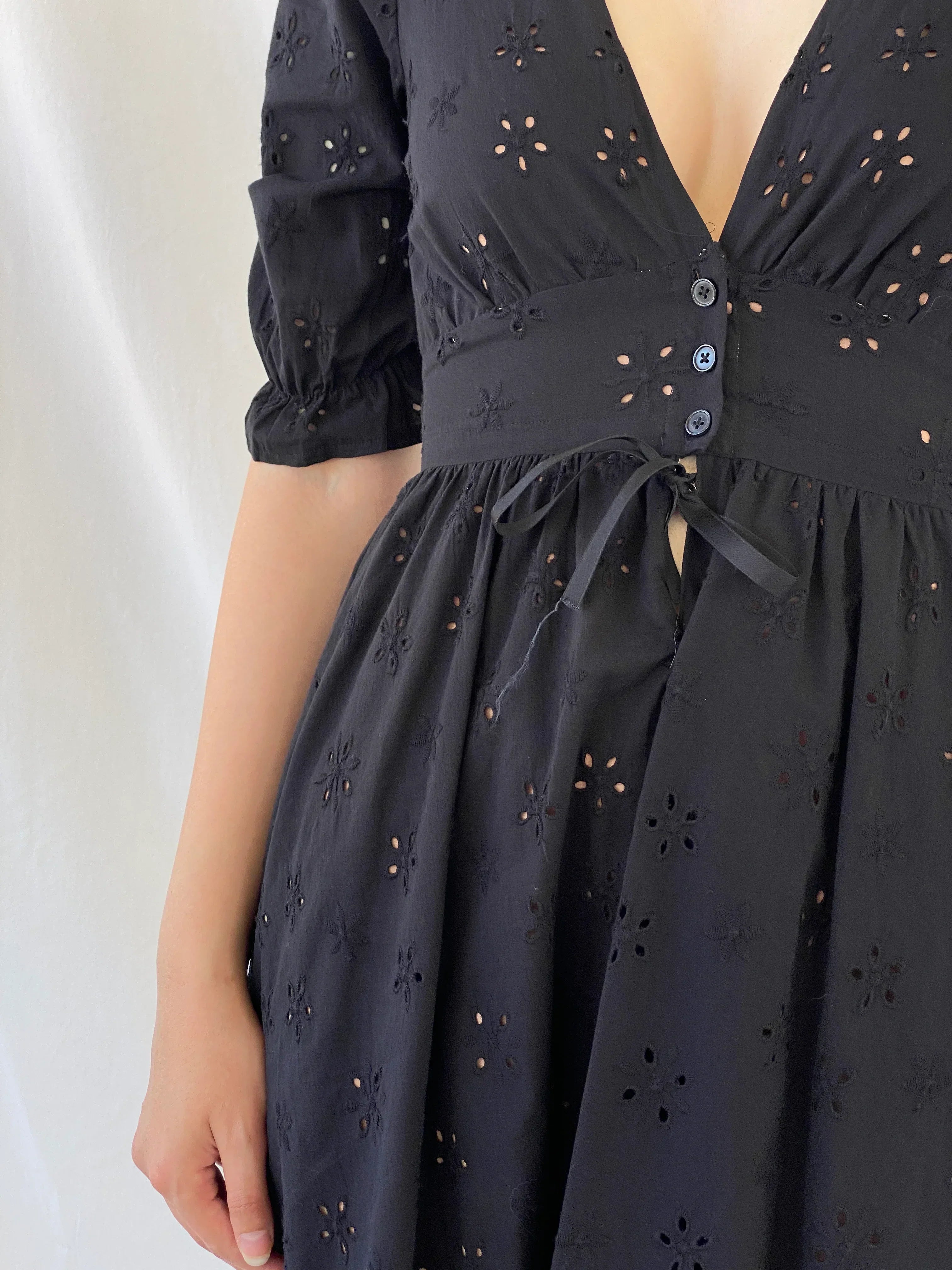 Gorgeous For Love & Lemons Black Eyelet Puff Sleeve Tie Waist Mini Summer Vacation Dress - S - Balagan Vintage Mini Dress Ayah, consignment, dress, Hala, Mini Dress, NEW IN, vintage dress