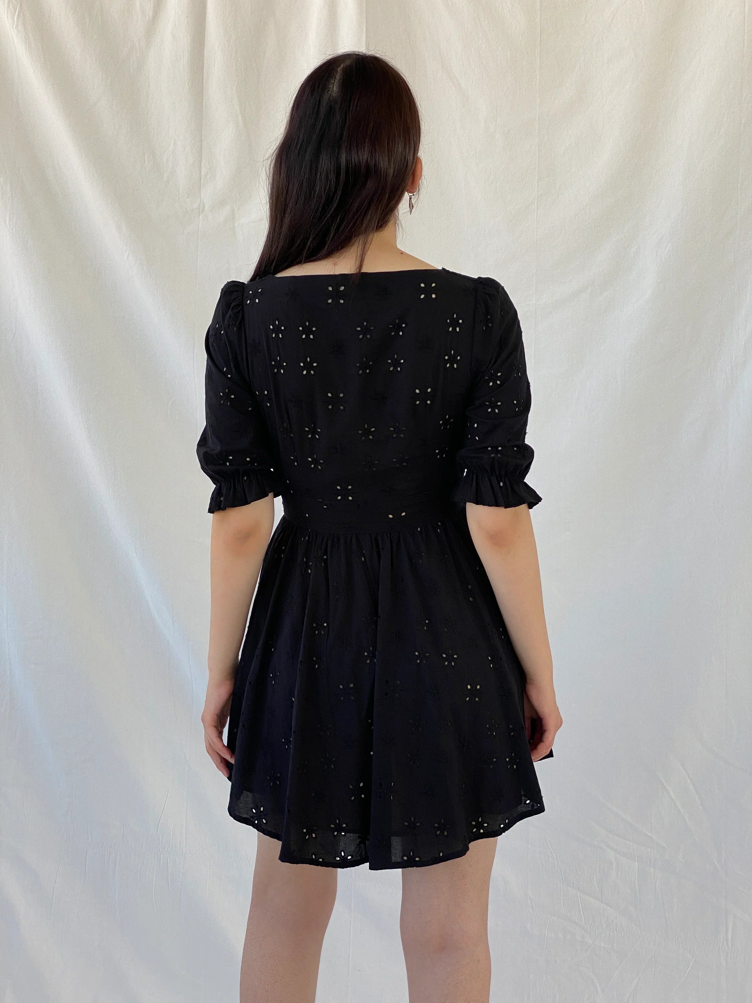 Gorgeous For Love & Lemons Black Eyelet Puff Sleeve Tie Waist Mini Summer Vacation Dress - S - Balagan Vintage Mini Dress Ayah, consignment, dress, Hala, Mini Dress, NEW IN, vintage dress