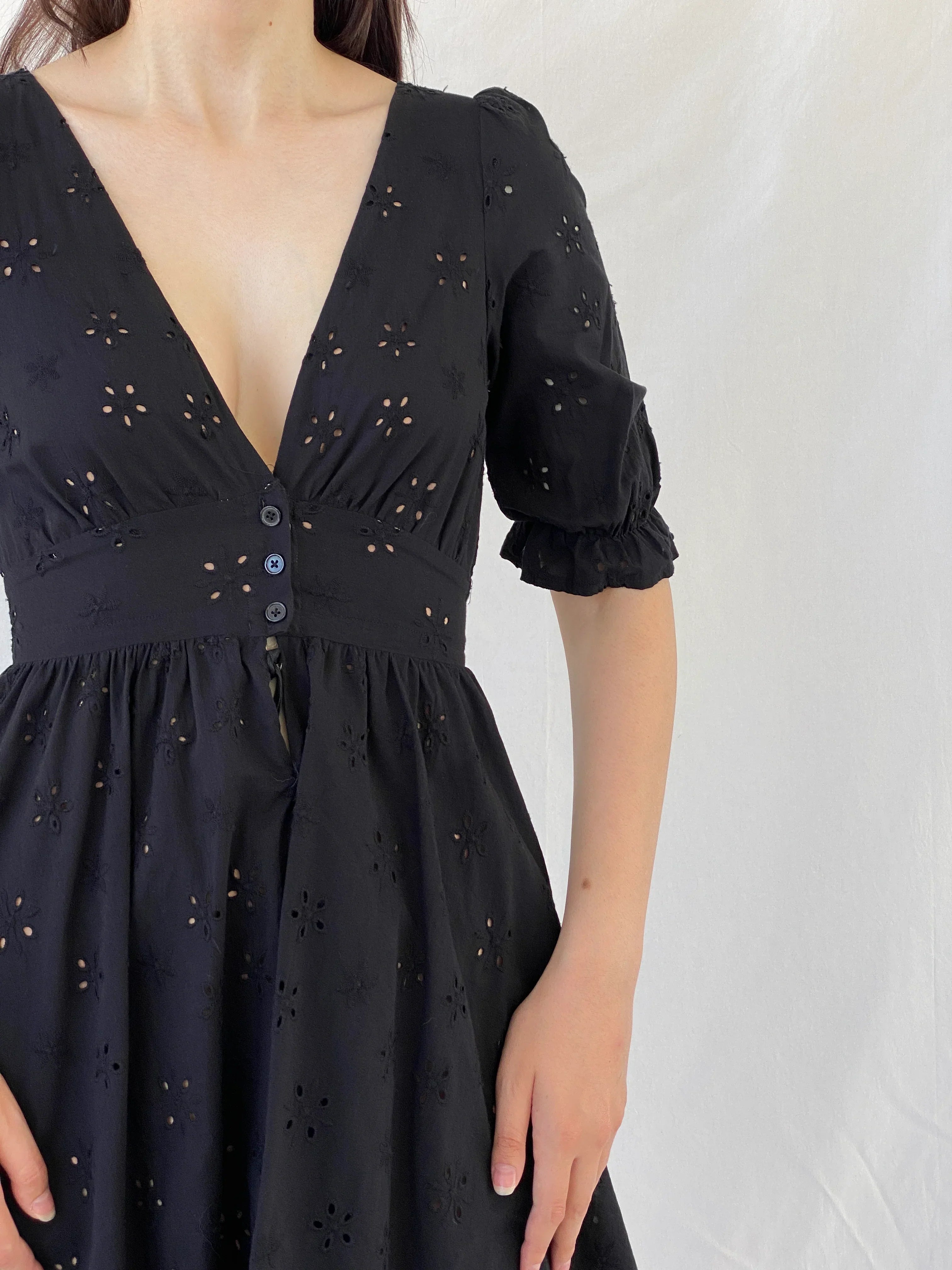 Gorgeous For Love & Lemons Black Eyelet Puff Sleeve Tie Waist Mini Summer Vacation Dress - S - Balagan Vintage Mini Dress Ayah, consignment, dress, Hala, Mini Dress, NEW IN, vintage dress