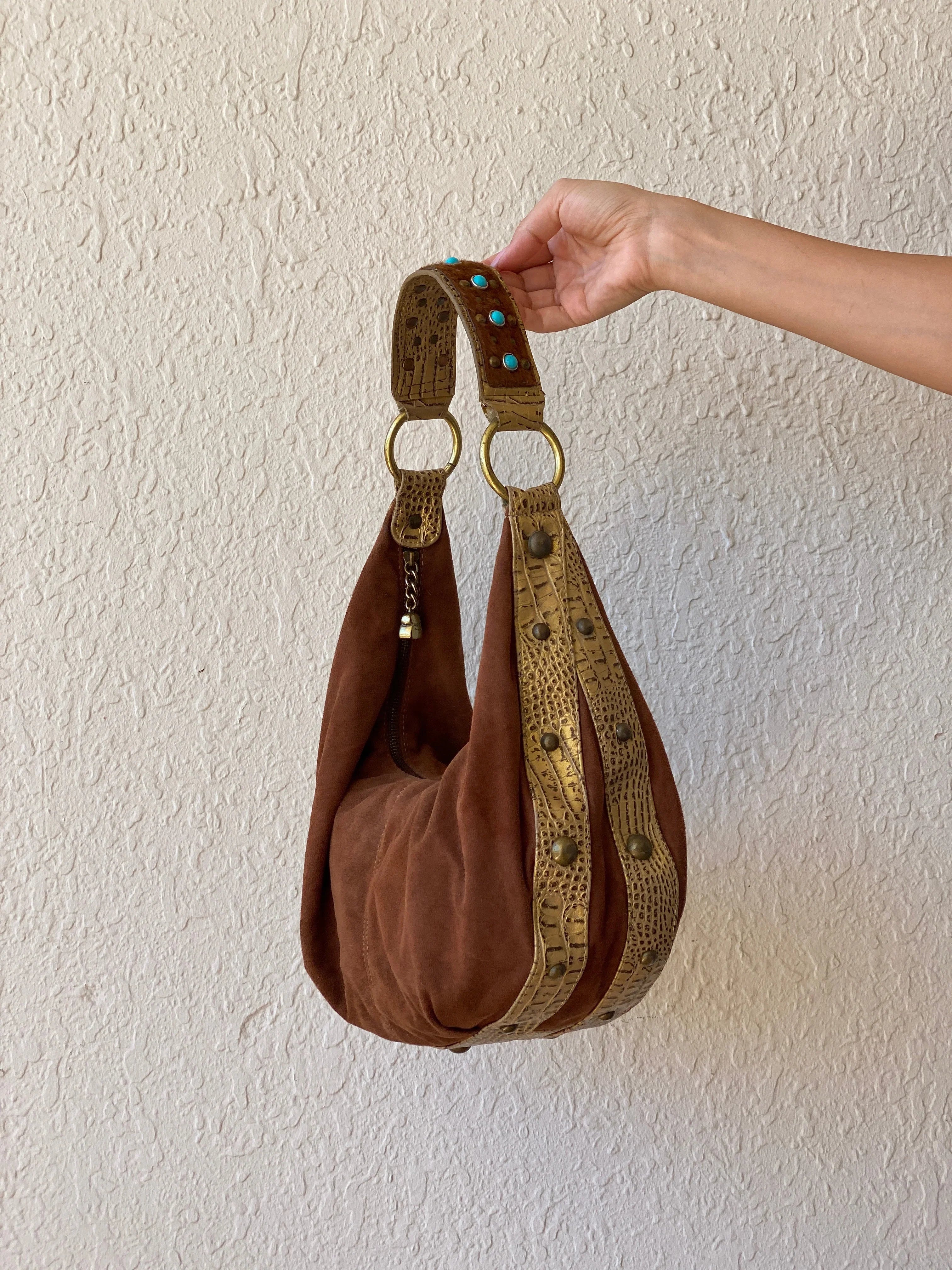 Gorgeous Kathy Van Zeeland Brown Vegan Suede Gold Faux Leather Trim Western Boho Shoulder Bag - Balagan Vintage Shoulder Bag 00s, 90s, bag, cowboy, NEW IN, shoulder bag, Y2K