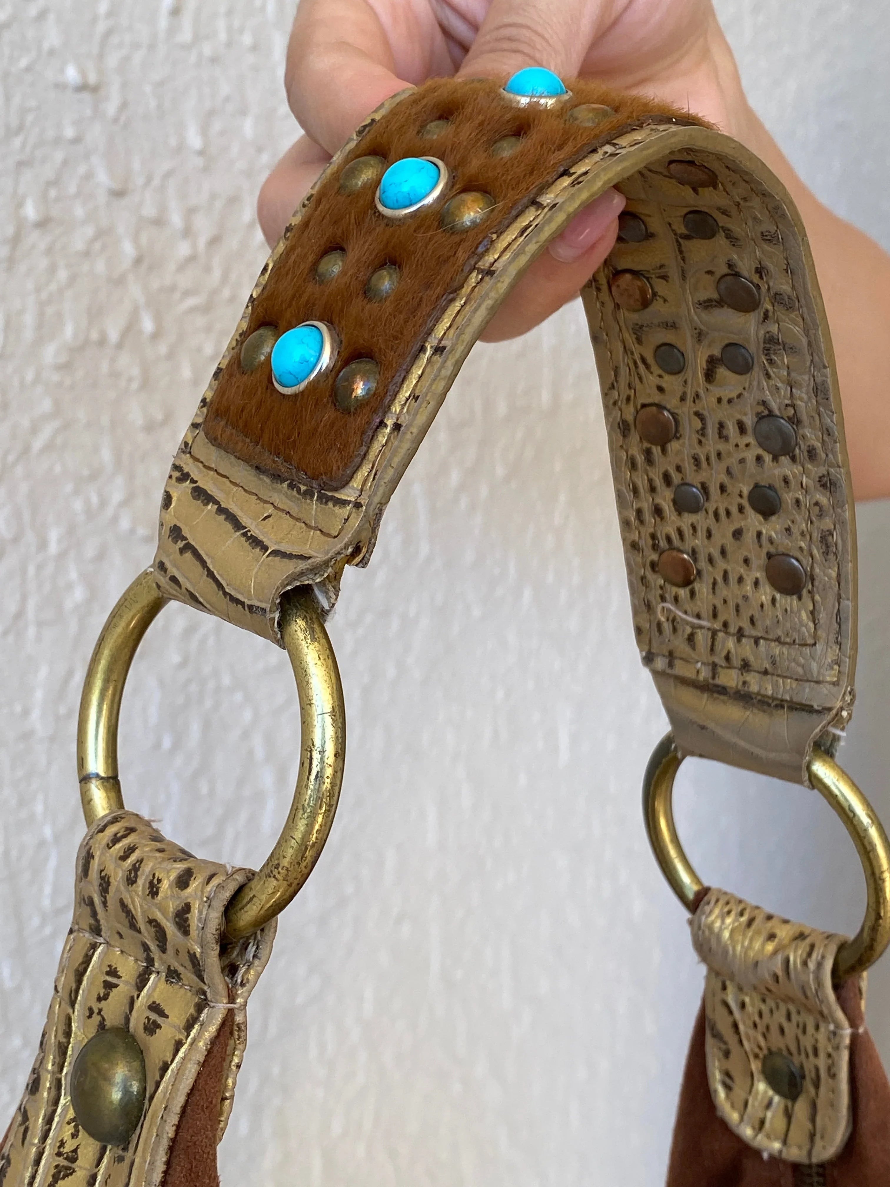 Gorgeous Kathy Van Zeeland Brown Vegan Suede Gold Faux Leather Trim Western Boho Shoulder Bag - Balagan Vintage Shoulder Bag 00s, 90s, bag, cowboy, NEW IN, shoulder bag, Y2K