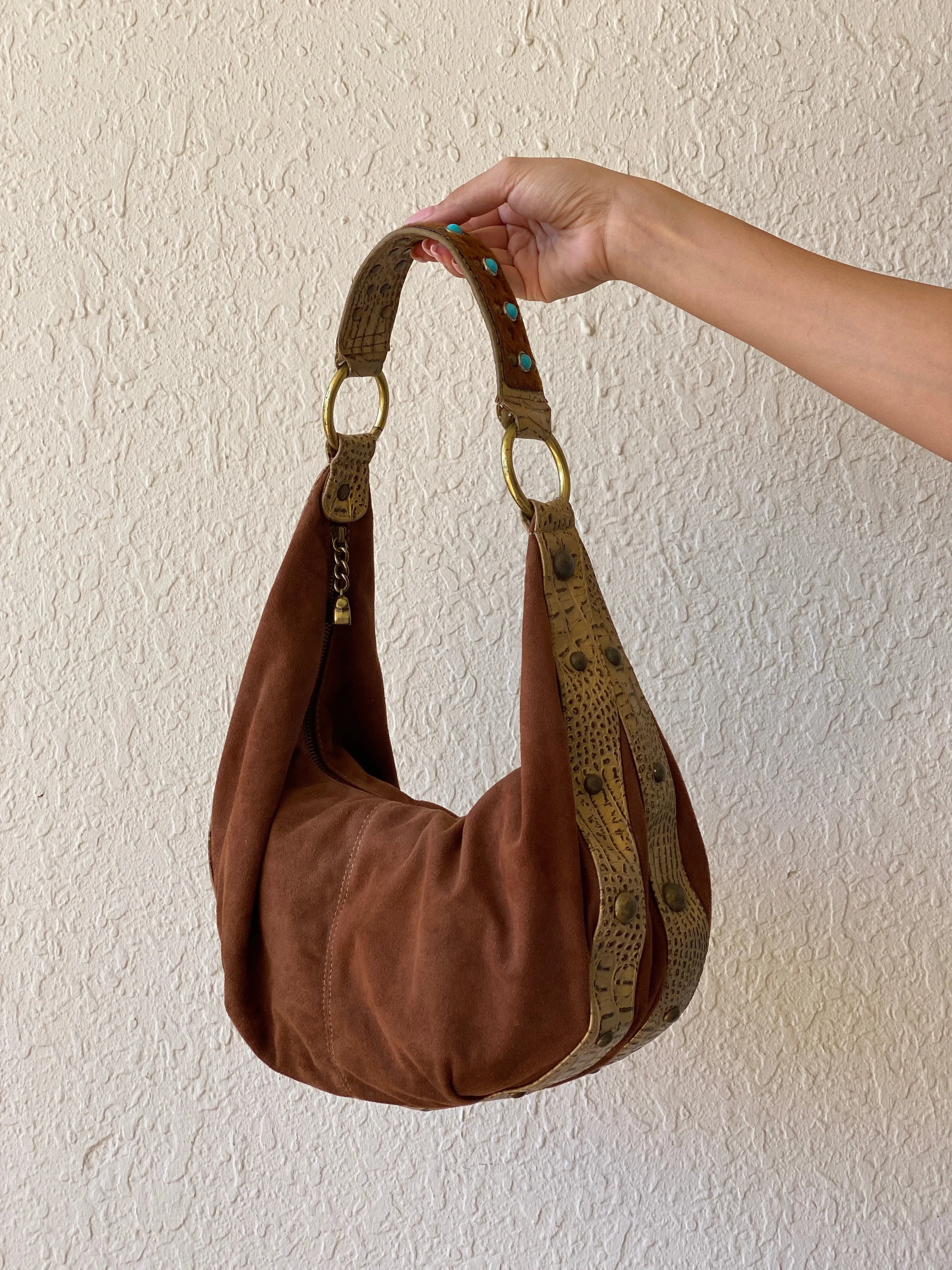 Gorgeous Kathy Van Zeeland Brown Vegan Suede Gold Faux Leather Trim Western Boho Shoulder Bag - Balagan Vintage Shoulder Bag 00s, 90s, bag, cowboy, NEW IN, shoulder bag, Y2K