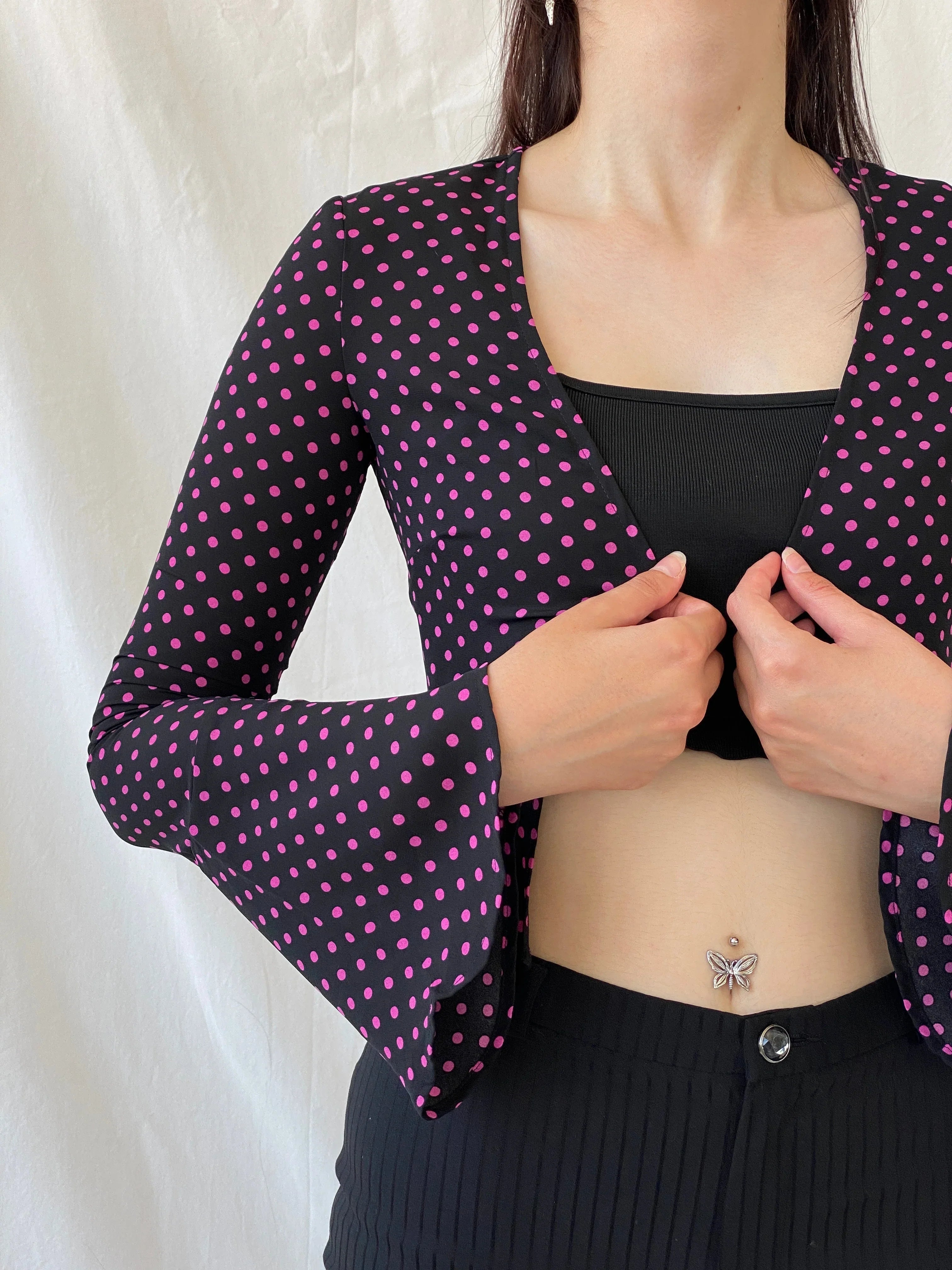 Gorgeous LULU & ROSE Polka Dot Pink Black Long Sleeve Cardigan - 2XS - Balagan Vintage Full Sleeve Top Ayah, cardigan, consignment, NEW IN, Polka Dot, Rand, summer, women top