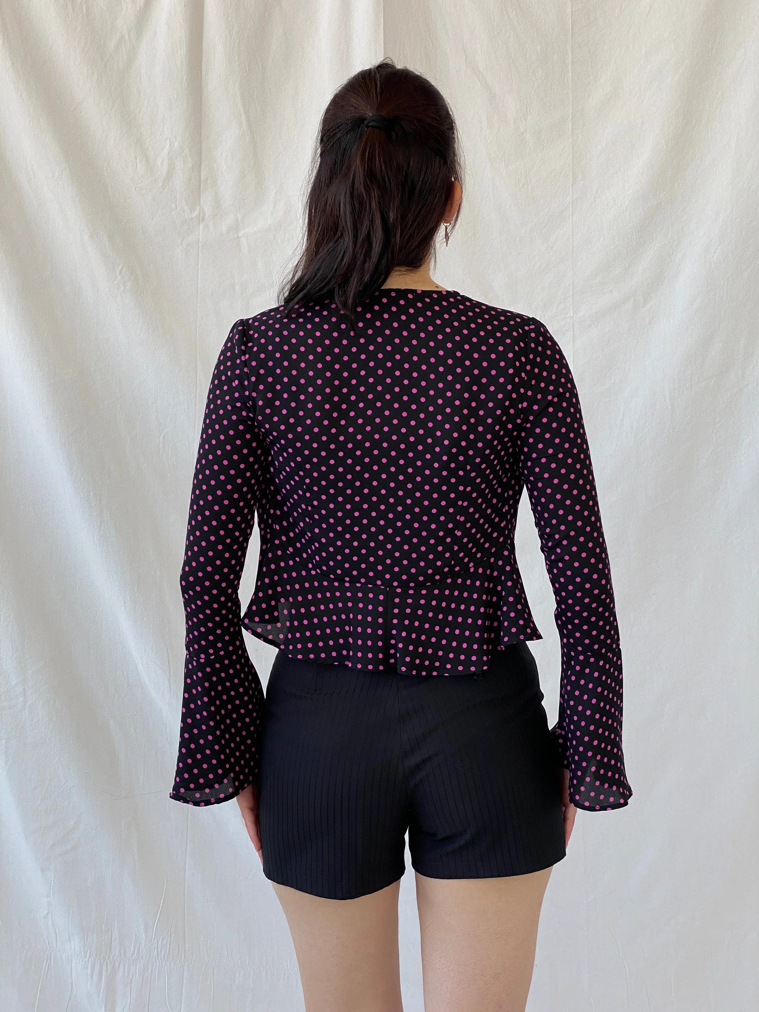 Gorgeous LULU & ROSE Polka Dot Pink Black Long Sleeve Cardigan - 2XS - Balagan Vintage Full Sleeve Top Ayah, cardigan, consignment, NEW IN, Polka Dot, Rand, summer, women top