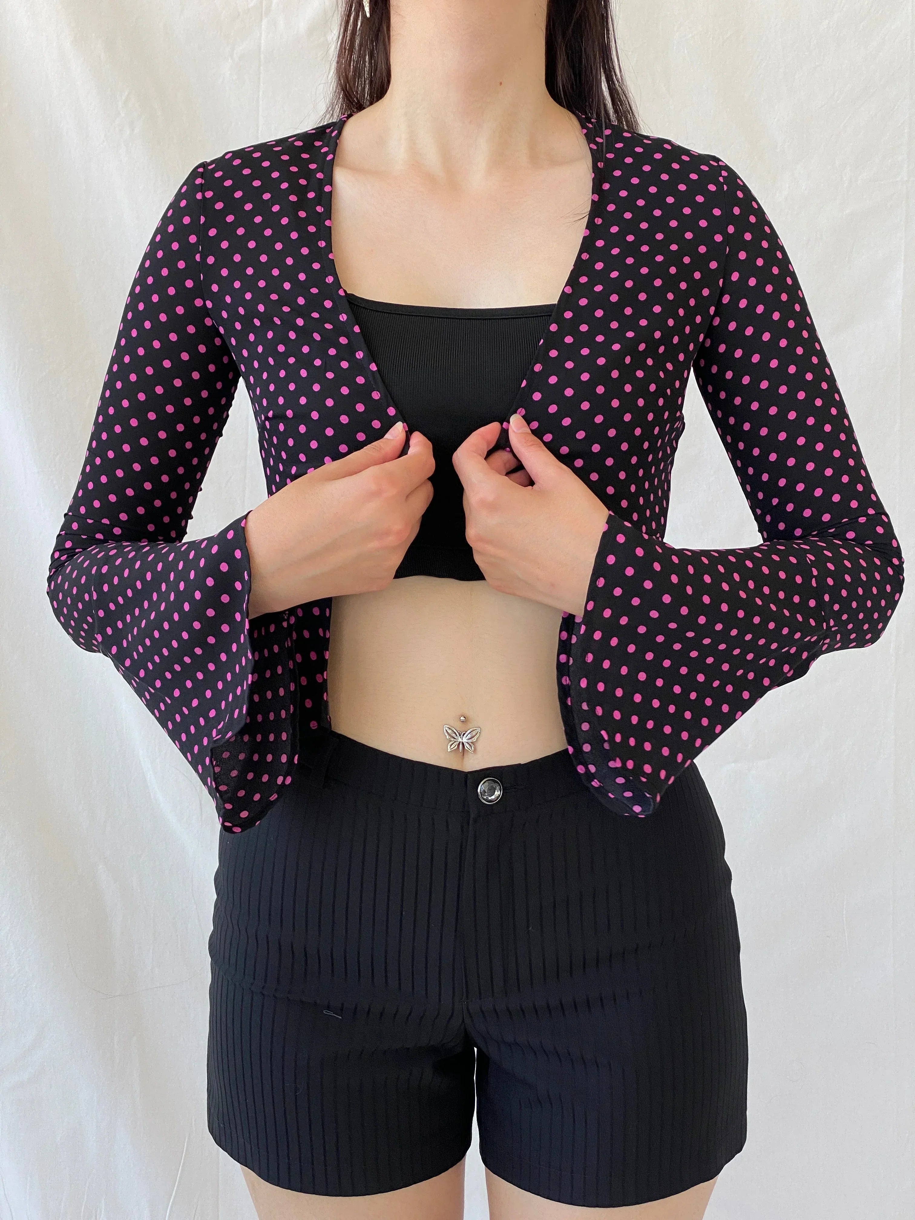 Gorgeous LULU & ROSE Polka Dot Pink Black Long Sleeve Cardigan - 2XS - Balagan Vintage Full Sleeve Top Ayah, cardigan, consignment, NEW IN, Polka Dot, Rand, summer, women top