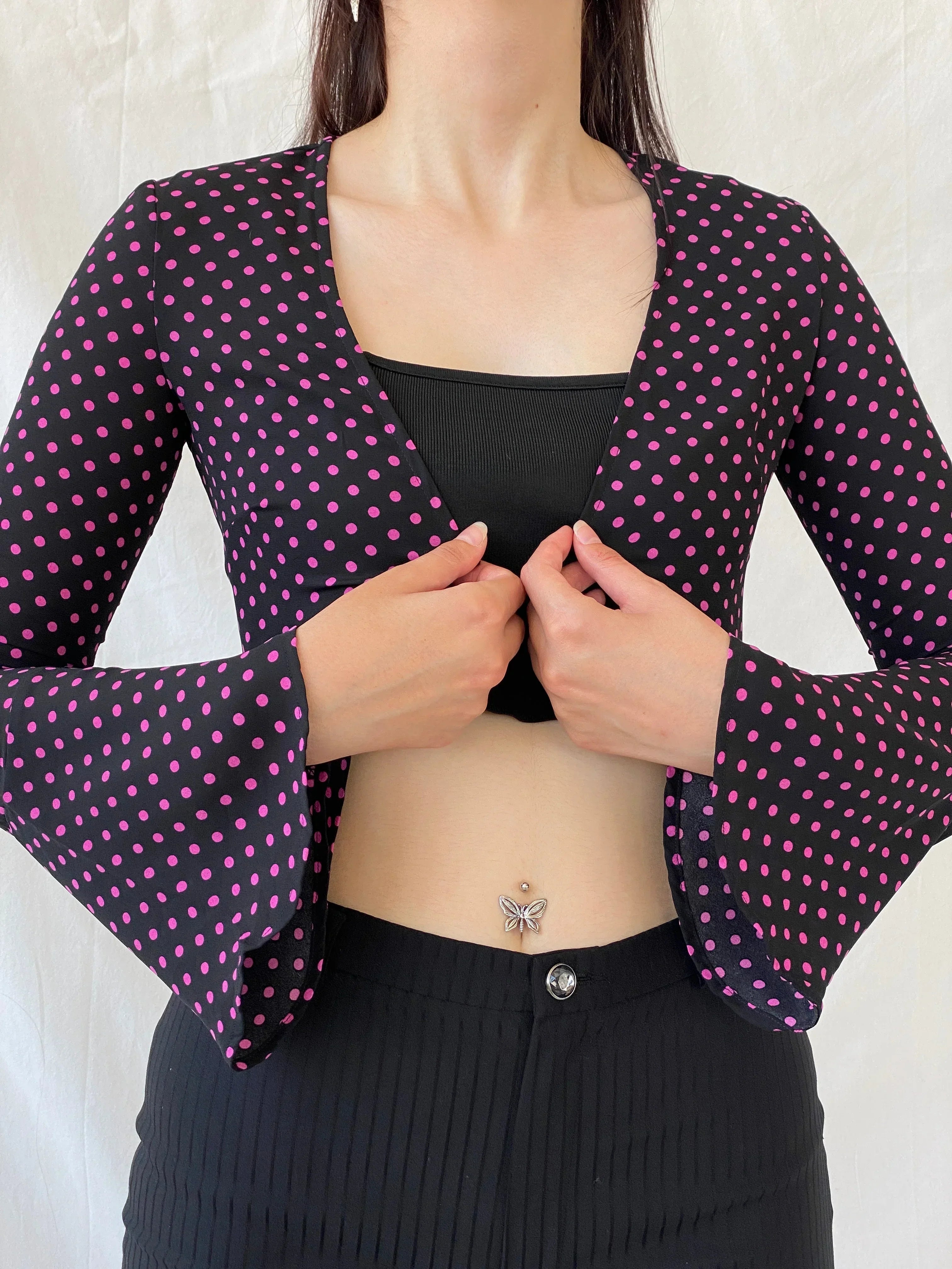 Gorgeous LULU & ROSE Polka Dot Pink Black Long Sleeve Cardigan - 2XS - Balagan Vintage Full Sleeve Top Ayah, cardigan, consignment, NEW IN, Polka Dot, Rand, summer, women top