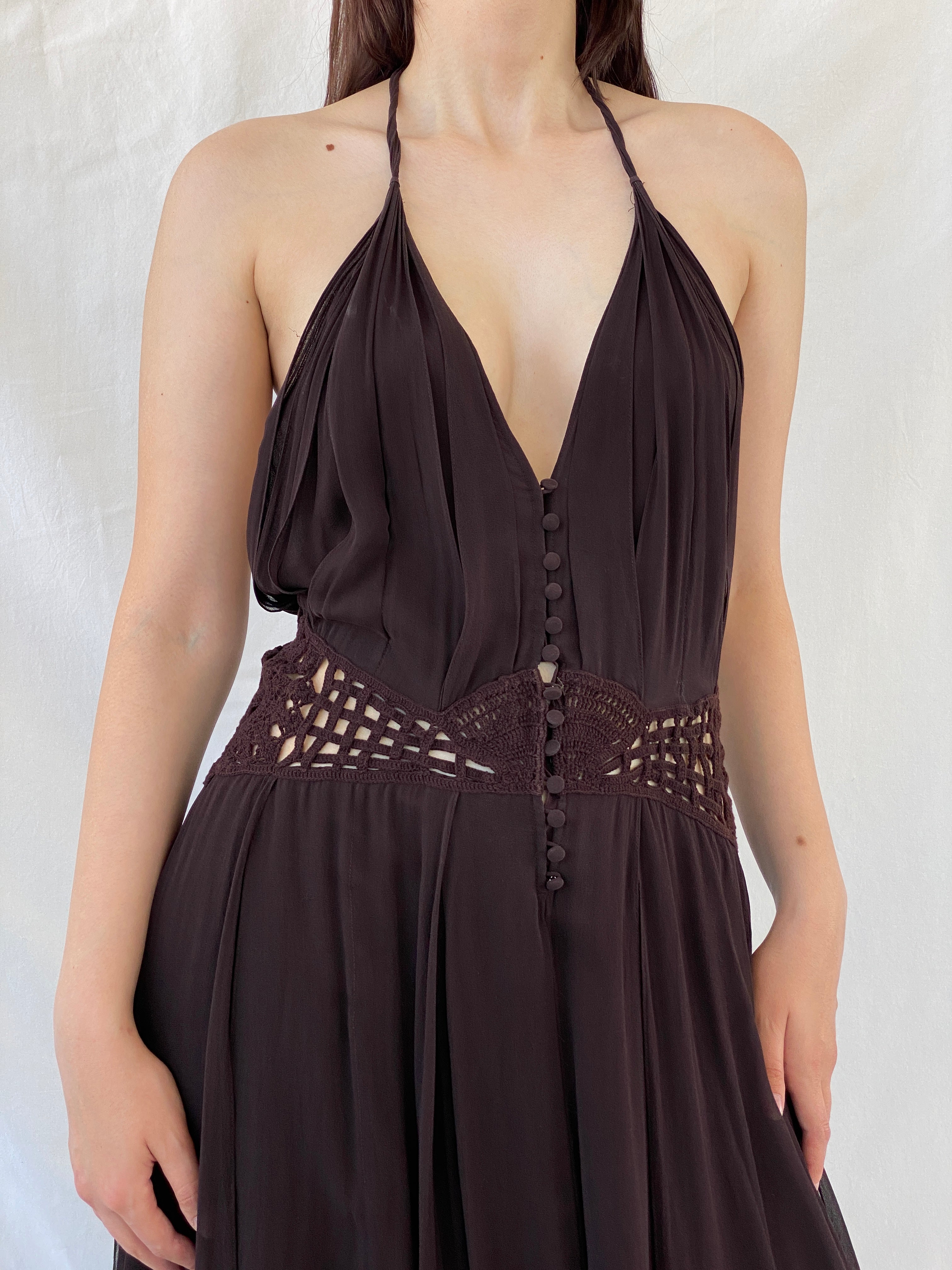 Gorgeous Max Azria Collection Silk Halter Midi Dress with Crochet Waist Detail - M - Balagan Vintage Midi Dress 90s dress, Ayah, dress, Halter Dress, midi dress, NEW IN, silk, summer dress, Wedding Guest