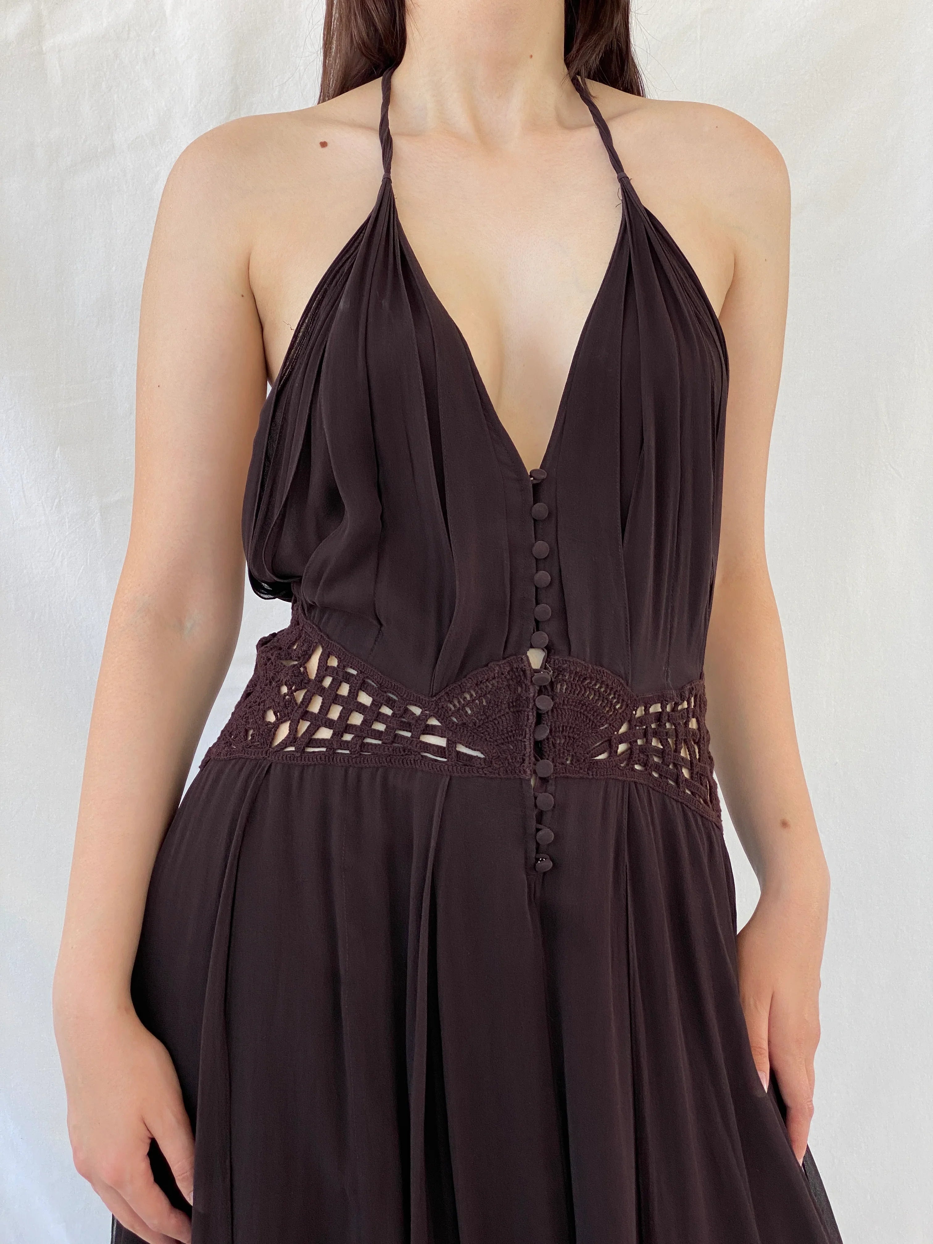 Gorgeous Max Azria Collection Silk Halter Midi Dress with Crochet Waist Detail - M - Balagan Vintage Midi Dress 90s dress, Ayah, dress, Halter Dress, midi dress, NEW IN, silk, summer dress, Wedding Guest