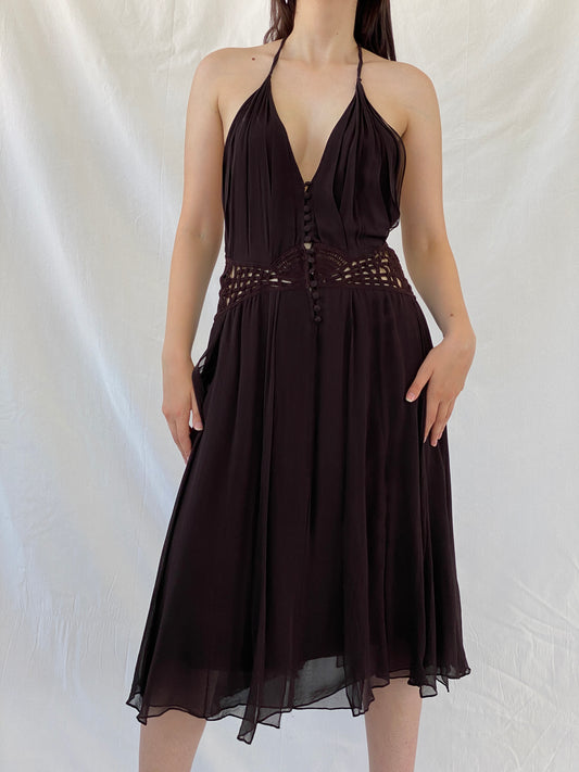 Gorgeous Max Azria Collection Silk Halter Midi Dress with Crochet Waist Detail - M - Balagan Vintage Midi Dress 90s dress, Ayah, dress, Halter Dress, midi dress, NEW IN, silk, summer dress, Wedding Guest