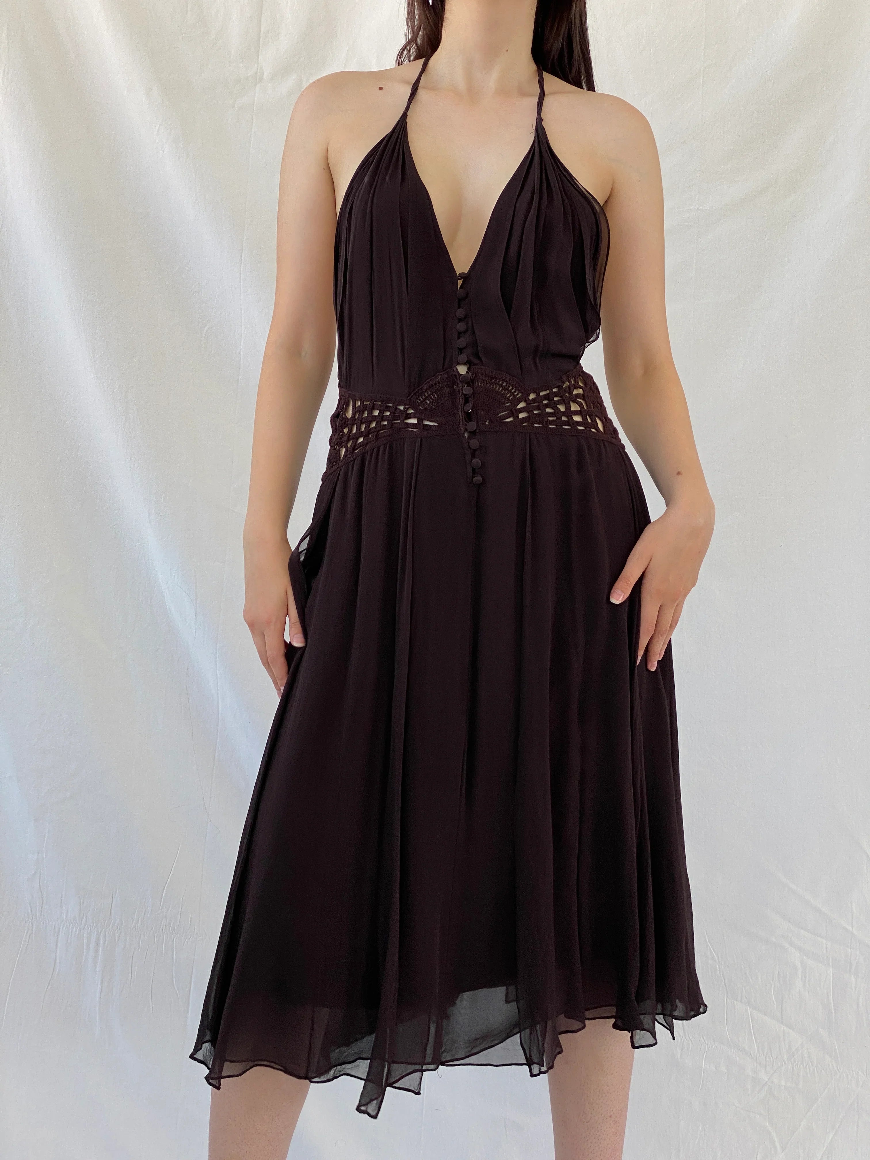 Gorgeous Max Azria Collection Silk Halter Midi Dress with Crochet Waist Detail - M - Balagan Vintage Midi Dress 90s dress, Ayah, dress, Halter Dress, midi dress, NEW IN, silk, summer dress, Wedding Guest