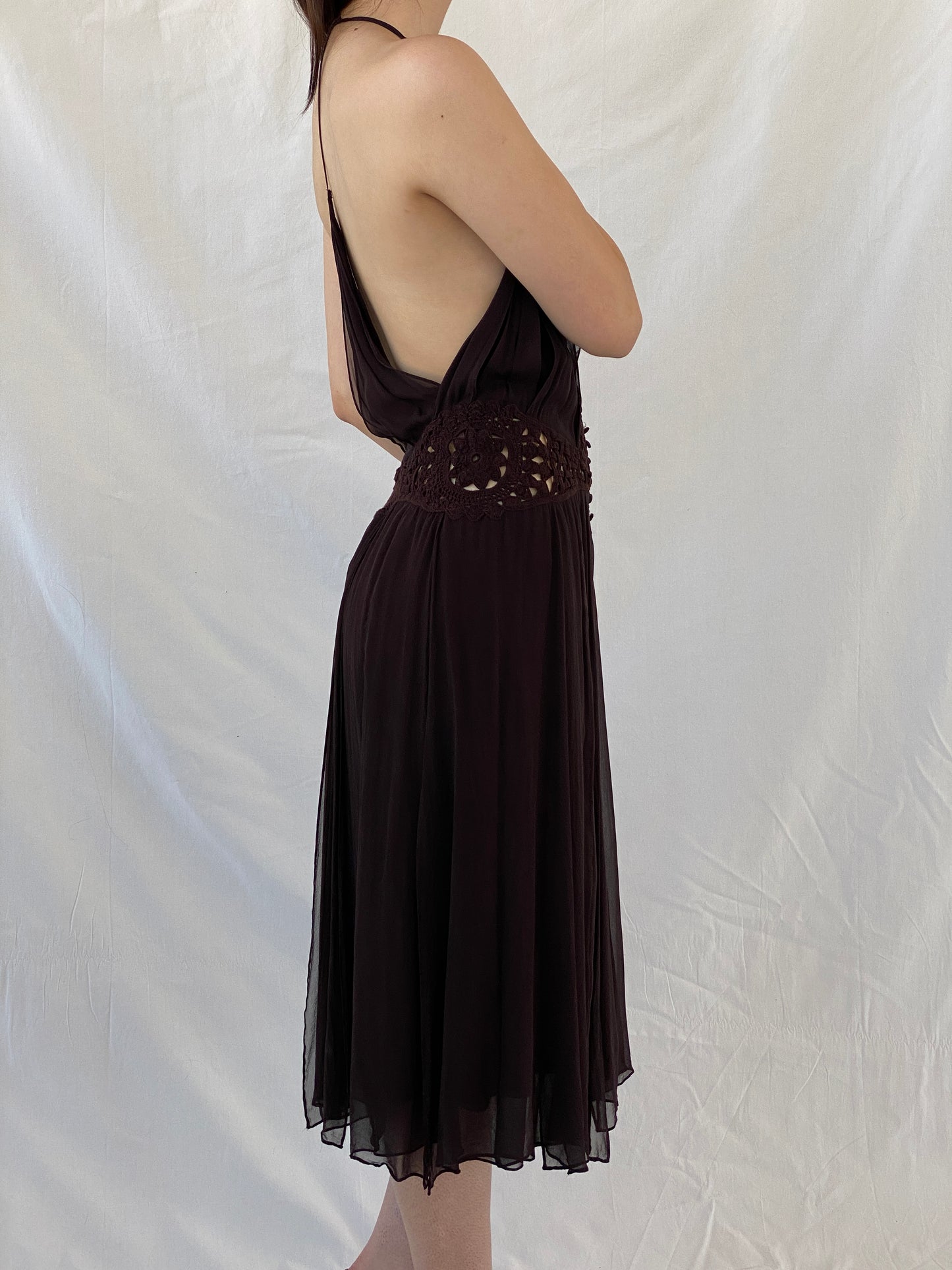Gorgeous Max Azria Collection Silk Halter Midi Dress with Crochet Waist Detail - M - Balagan Vintage Midi Dress 90s dress, Ayah, dress, Halter Dress, midi dress, NEW IN, silk, summer dress, Wedding Guest