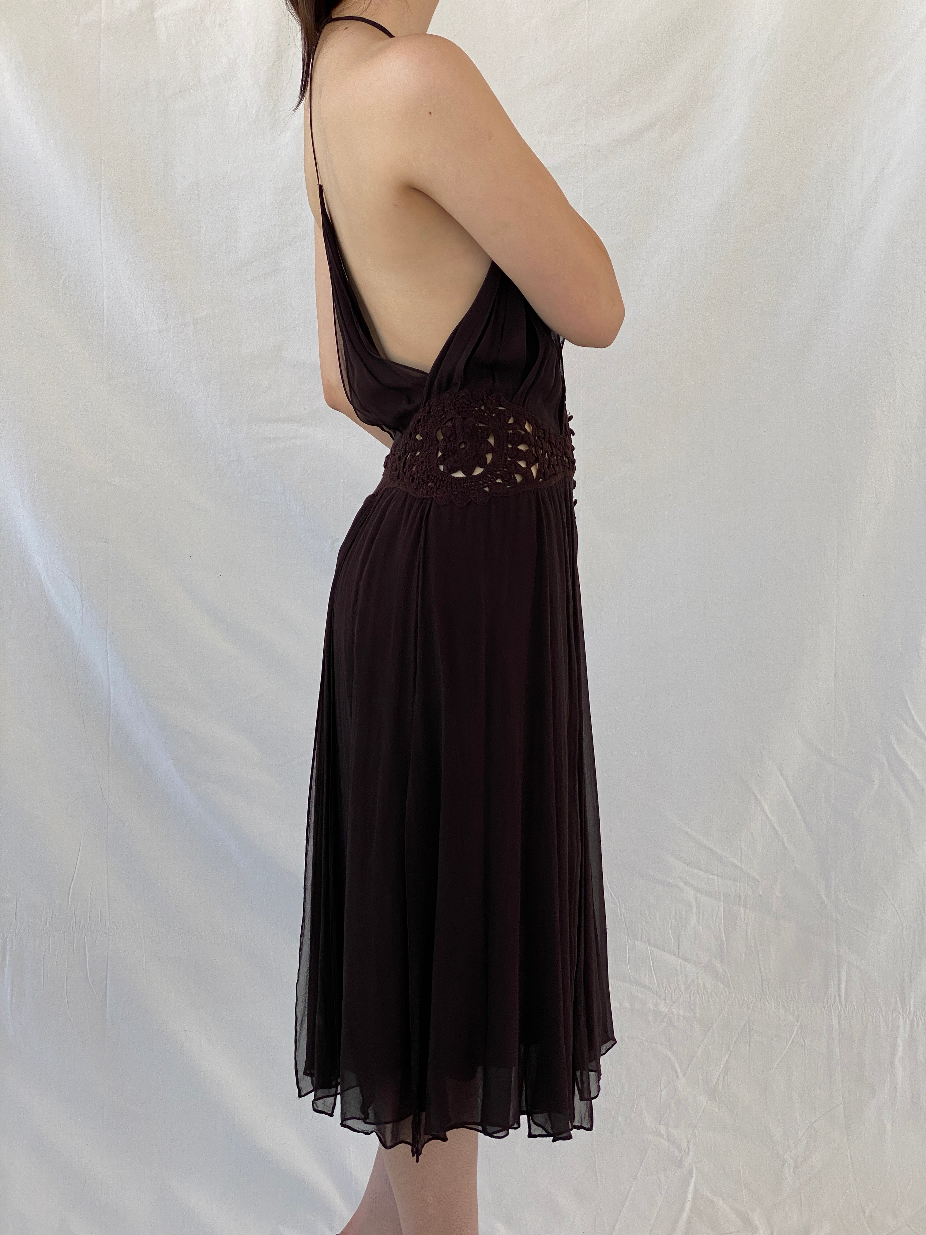 Gorgeous Max Azria Collection Silk Halter Midi Dress with Crochet Waist Detail - M - Balagan Vintage Midi Dress 90s dress, Ayah, dress, Halter Dress, midi dress, NEW IN, silk, summer dress, Wedding Guest