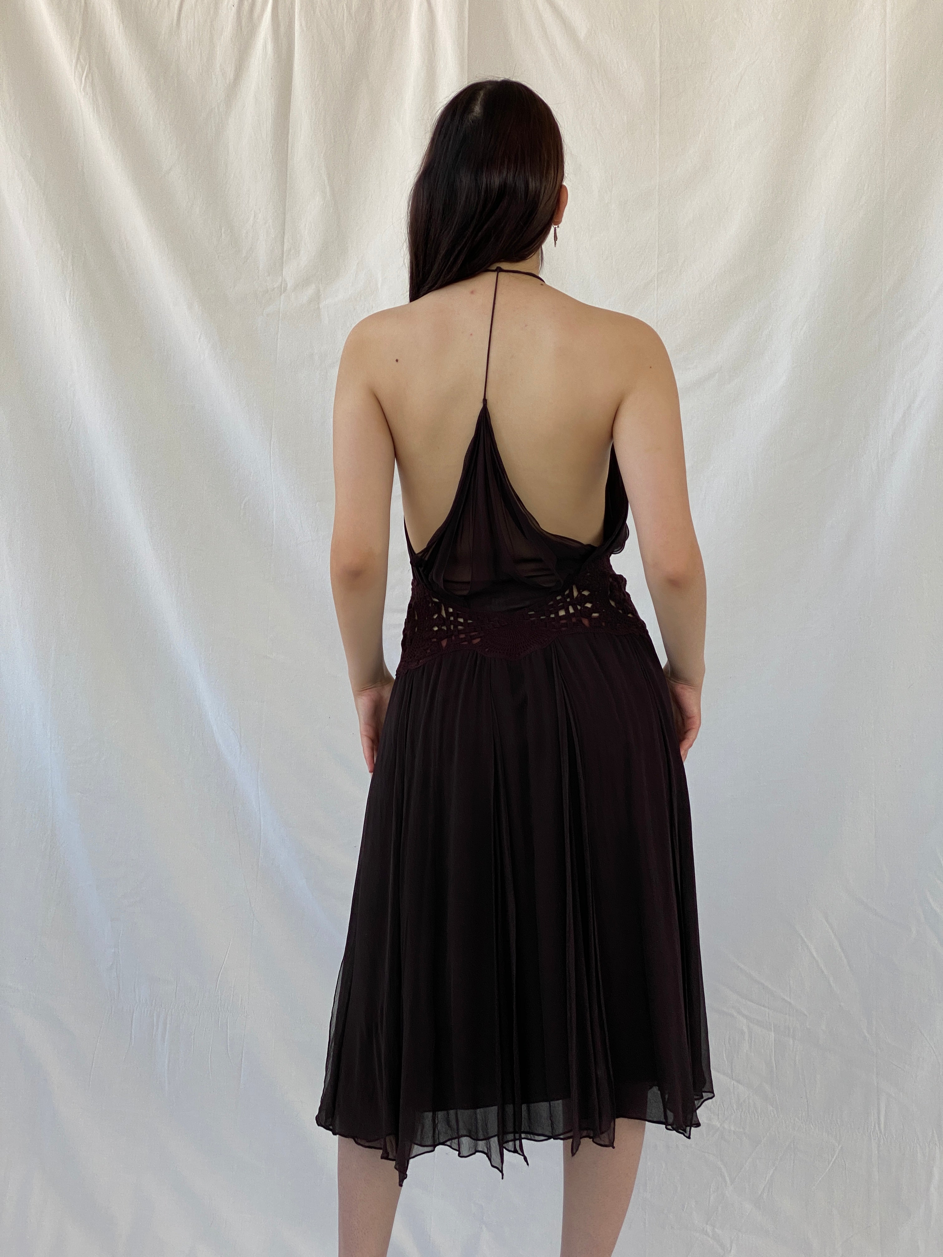 Gorgeous Max Azria Collection Silk Halter Midi Dress with Crochet Waist Detail - M - Balagan Vintage Midi Dress 90s dress, Ayah, dress, Halter Dress, midi dress, NEW IN, silk, summer dress, Wedding Guest