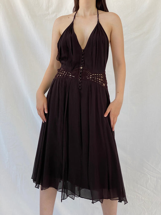 Gorgeous Max Azria Collection Silk Halter Midi Dress with Crochet Waist Detail - M - Balagan Vintage Midi Dress 90s dress, Ayah, dress, Halter Dress, midi dress, NEW IN, silk, summer dress, Wedding Guest