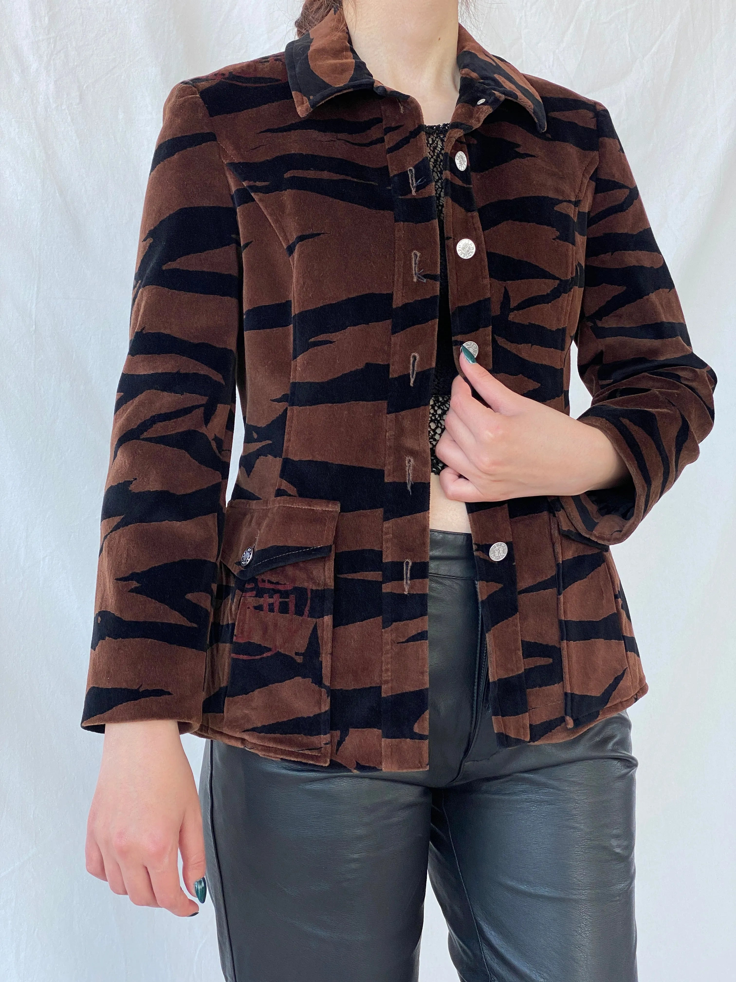 Gorgeous Vintage 90s KENZO JEANS Velvet Tiger Print Brown & Black Heavy Blazer - M - Balagan Vintage Blazer 00s, animal print, Ayah, blazer, Coats&Jackets, consignment, full sleeve blazer, Melika, vintage blazer, Women's Blazers