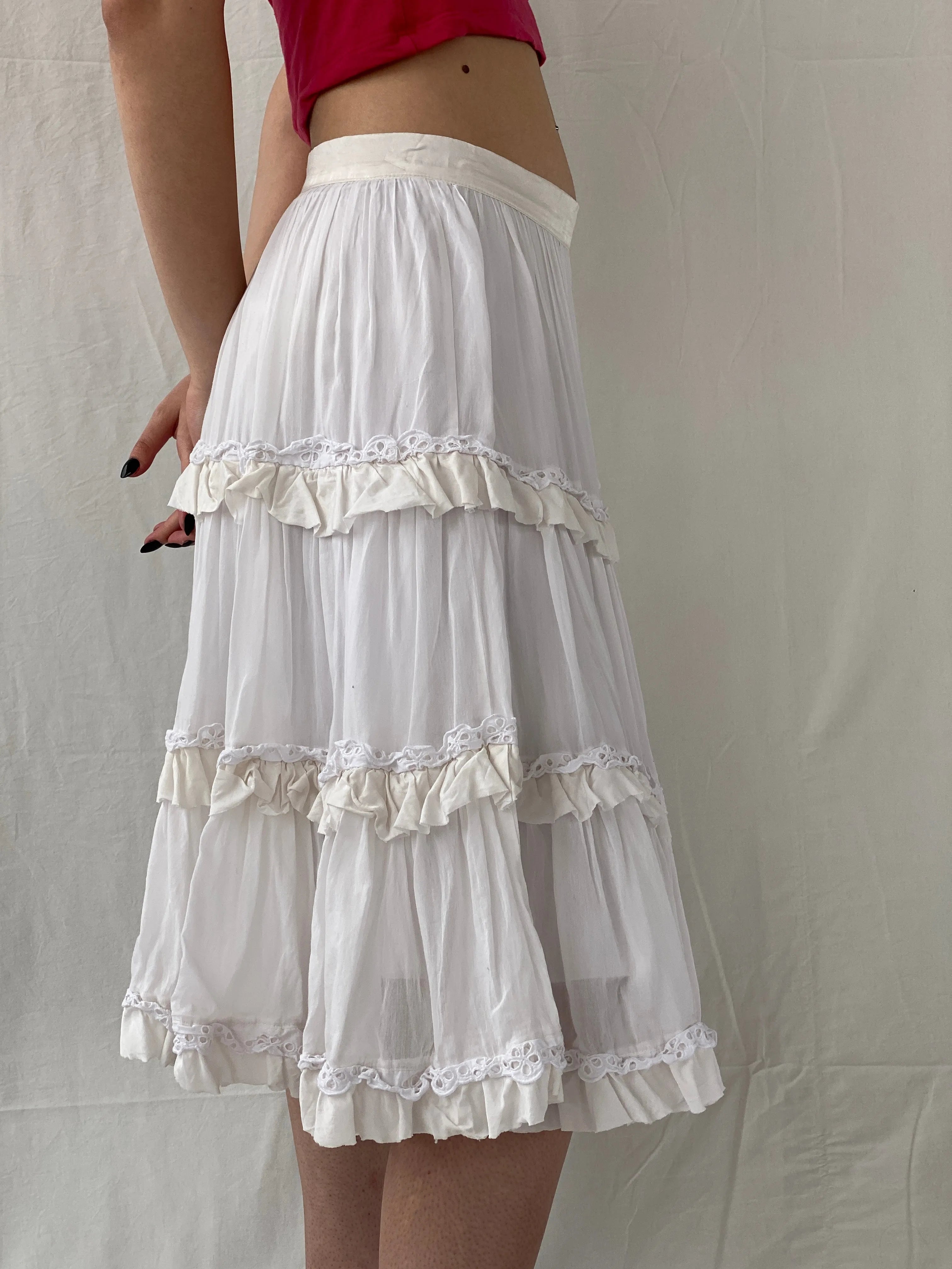 Gorgeous Vintage Monnalisa Chic White Tiered Bohemian Layered Midi Skirt - M - Balagan Vintage Midi Skirt 00s, Ayah, midi skirt, women skirt