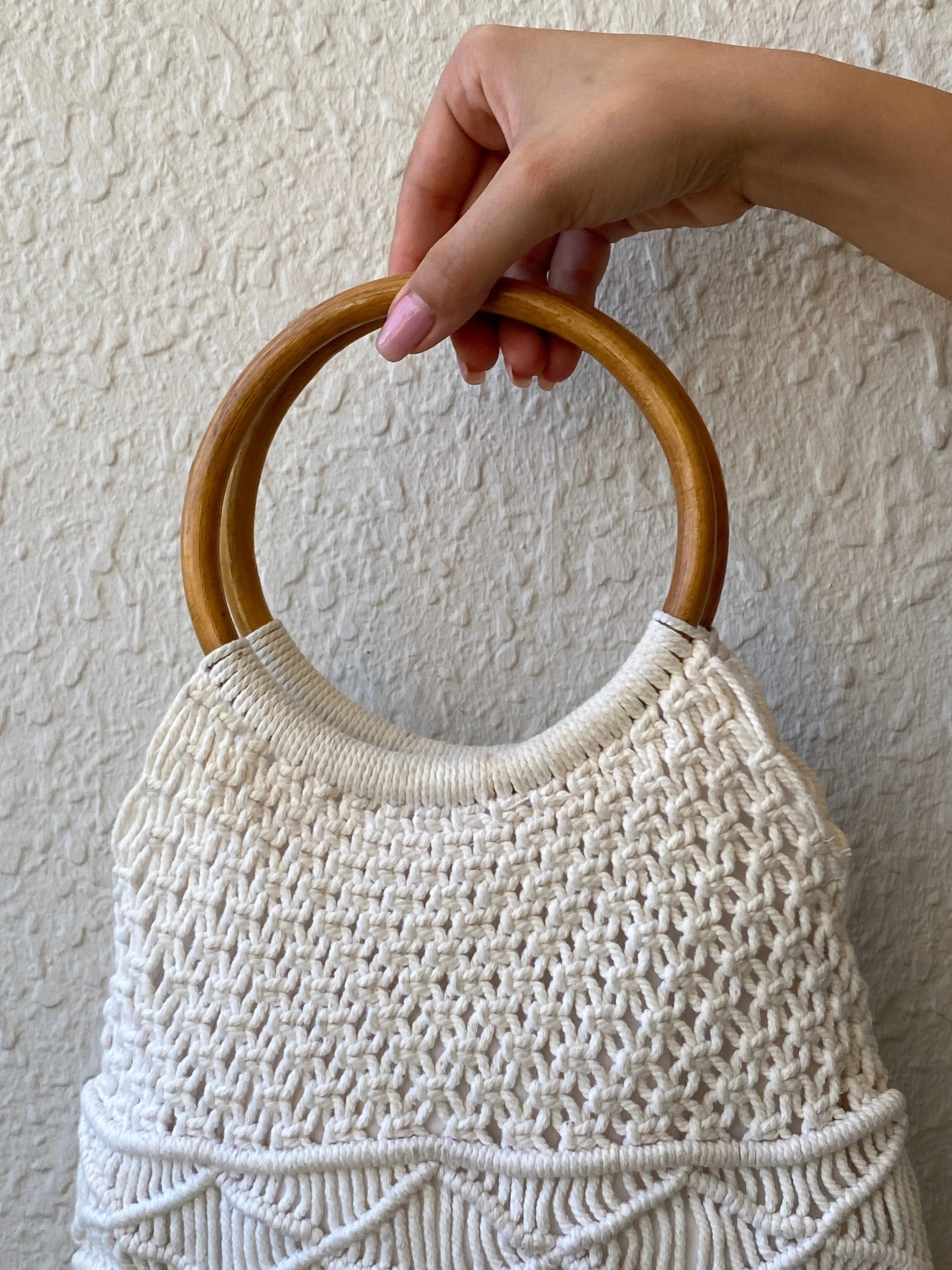 Gorgeous White Crochet Macrame Wooden Handle Beach Handbag - Balagan Vintage Handbags 00s, 90s, bag, NEW IN, shoulder bag, Y2K