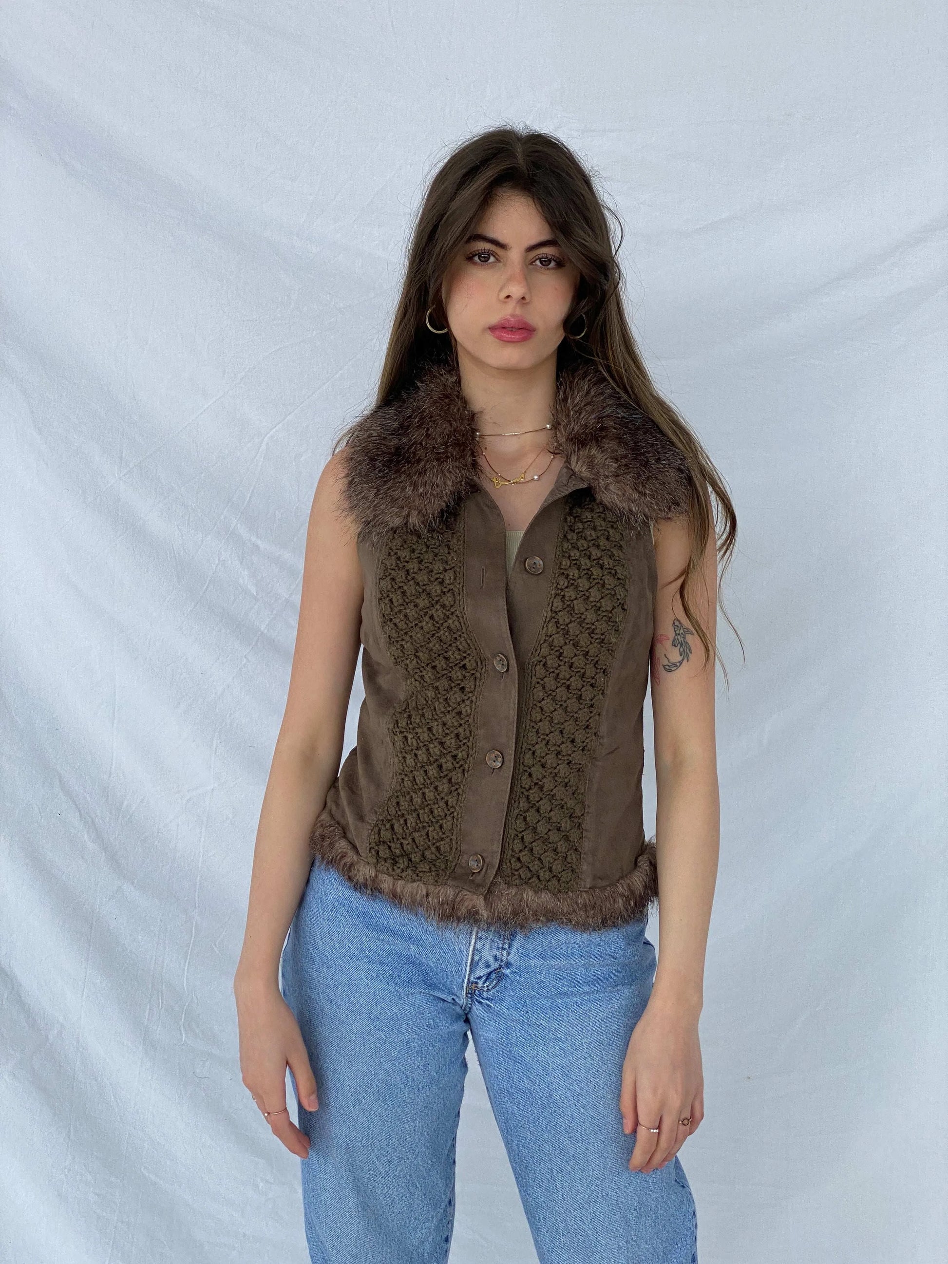 Gorgeous Y2K Suede and Knit Promod Button Up Vest - Balagan Vintage Vest 00s, knitted vest, Mira, vest
