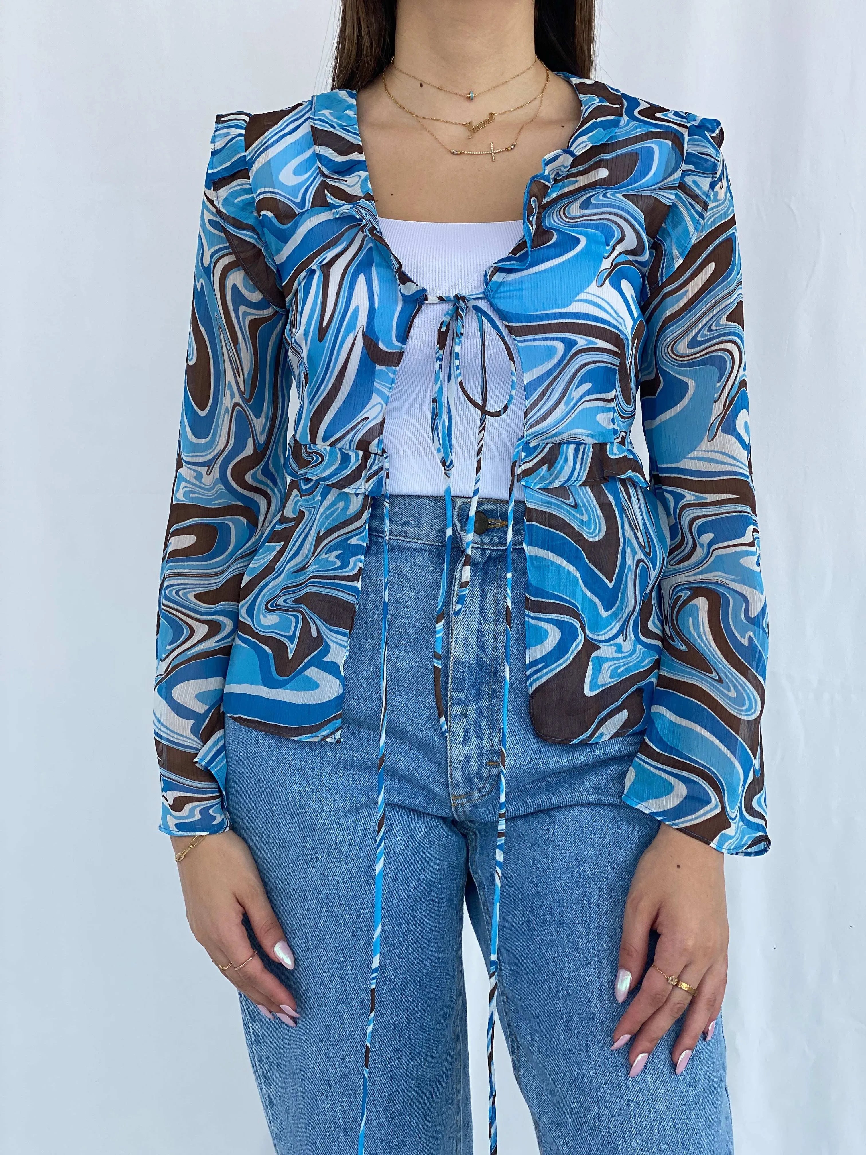 Groovy Blue and Brown Pomelo Sheer Cardigan Size S - Balagan Vintage Cardigan cardigan, full sleeve shirt, groovy, groovy print, groovy shirt, Juana, women skirt