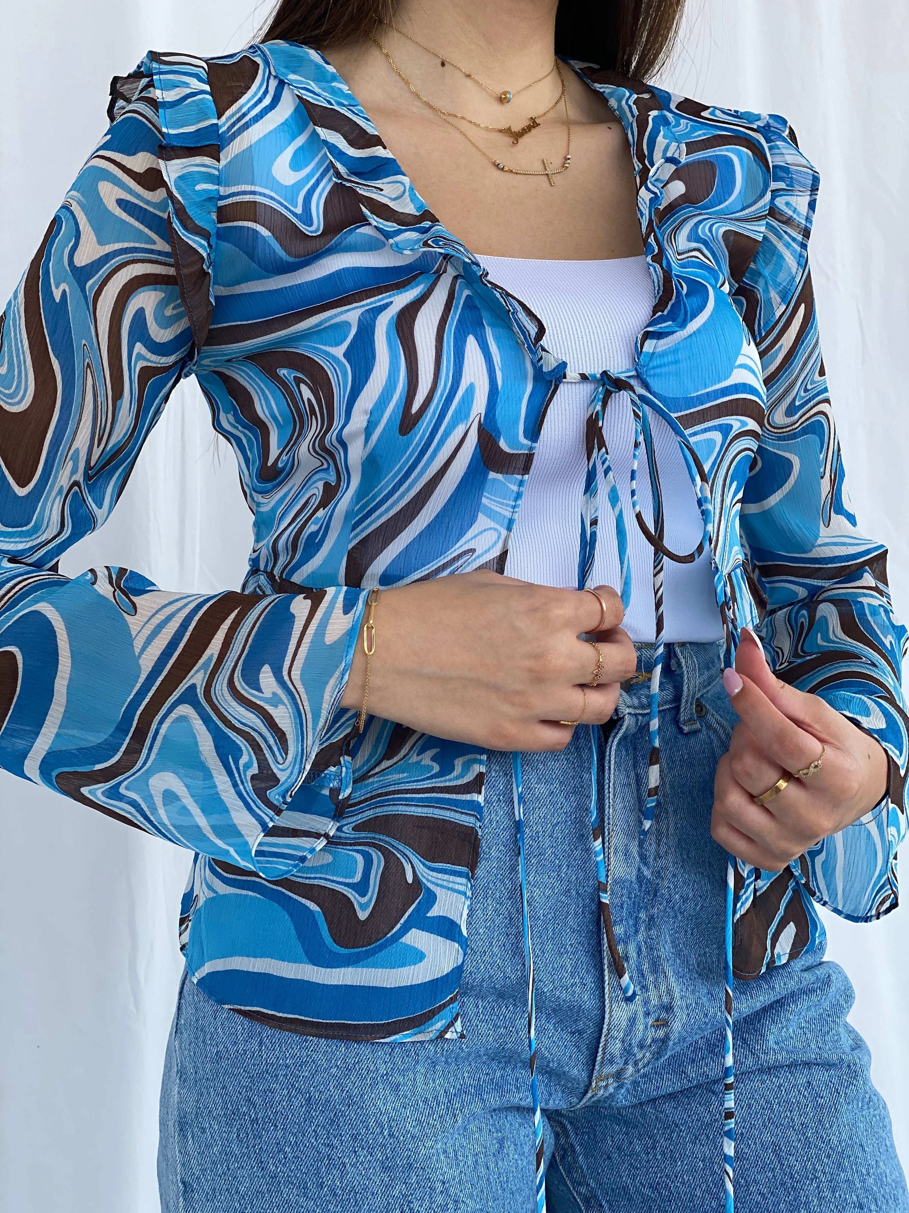 Groovy Blue and Brown Pomelo Sheer Cardigan Size S - Balagan Vintage Cardigan cardigan, full sleeve shirt, groovy, groovy print, groovy shirt, Juana, women skirt