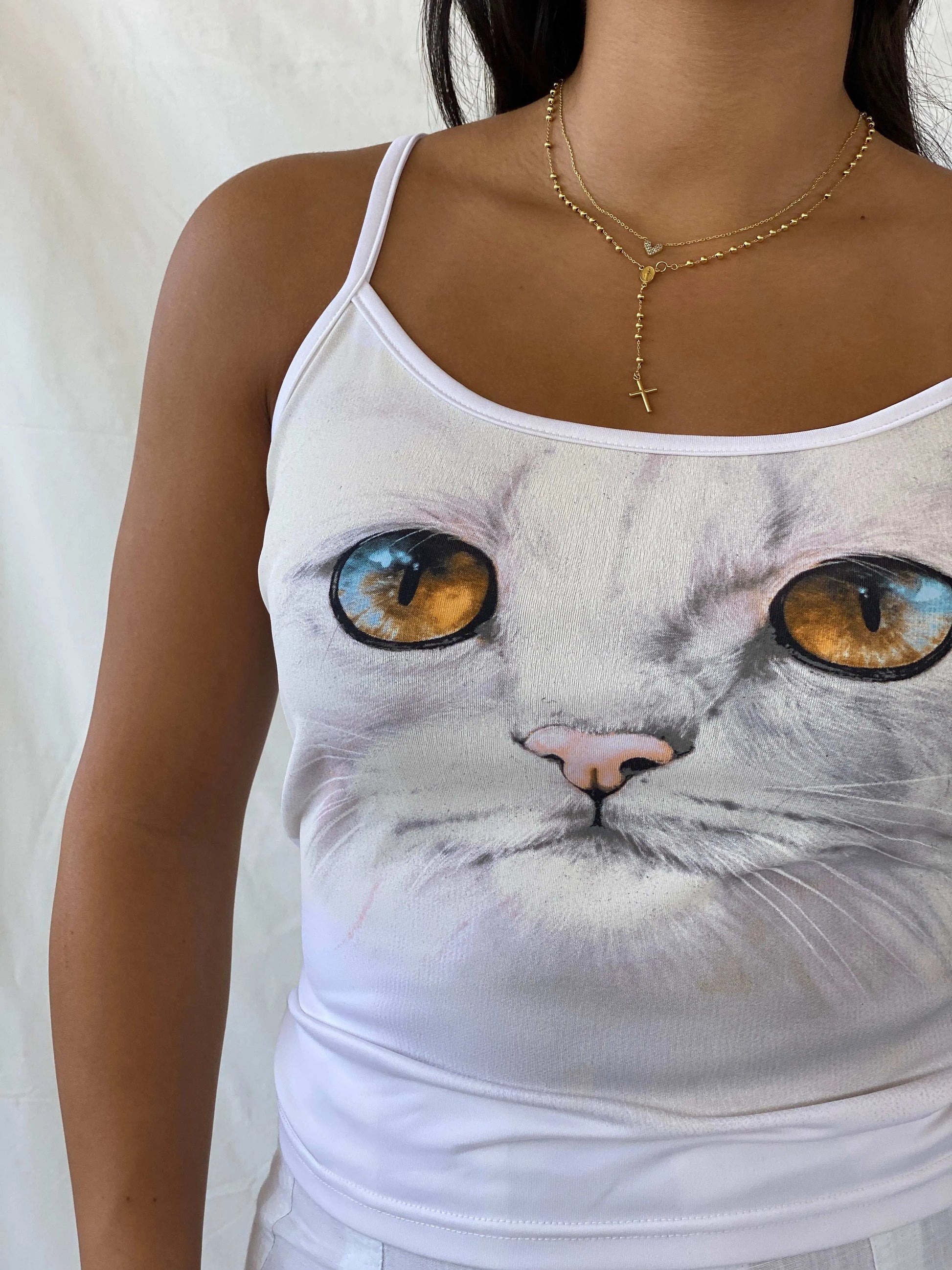 Hennes Collection Cat Print White Cami Top - M - Balagan Vintage Cami 00s, Cami, Lana, summer