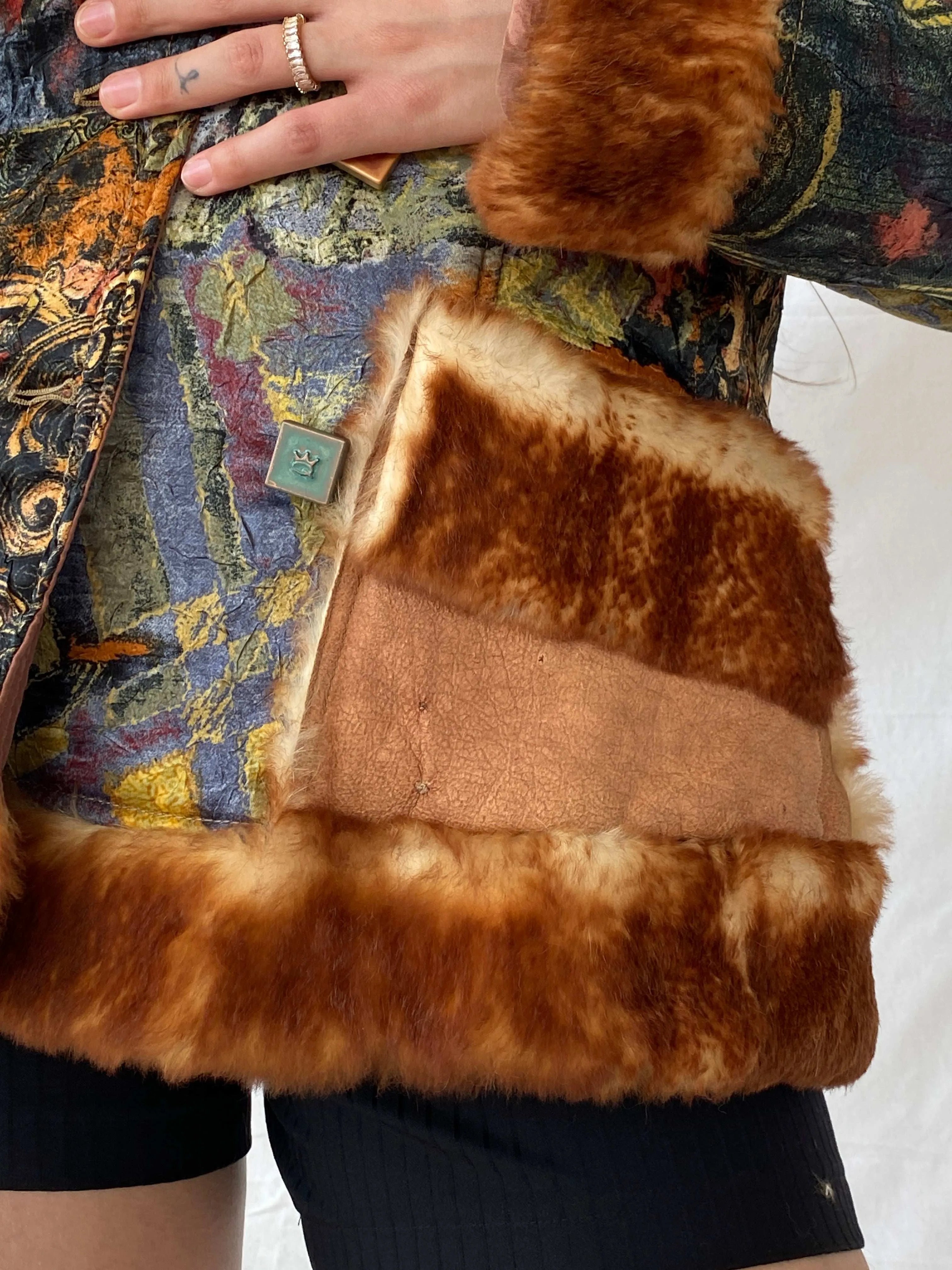 Insane Save The Queen Faux Fur Boho Printed Jacket - M - Balagan Vintage Coat 00s, coat, consignment, Deals, fur jacket, Mira, rare find, rare vintage, Sadouf, save the queen, silk, vintage coat, winter