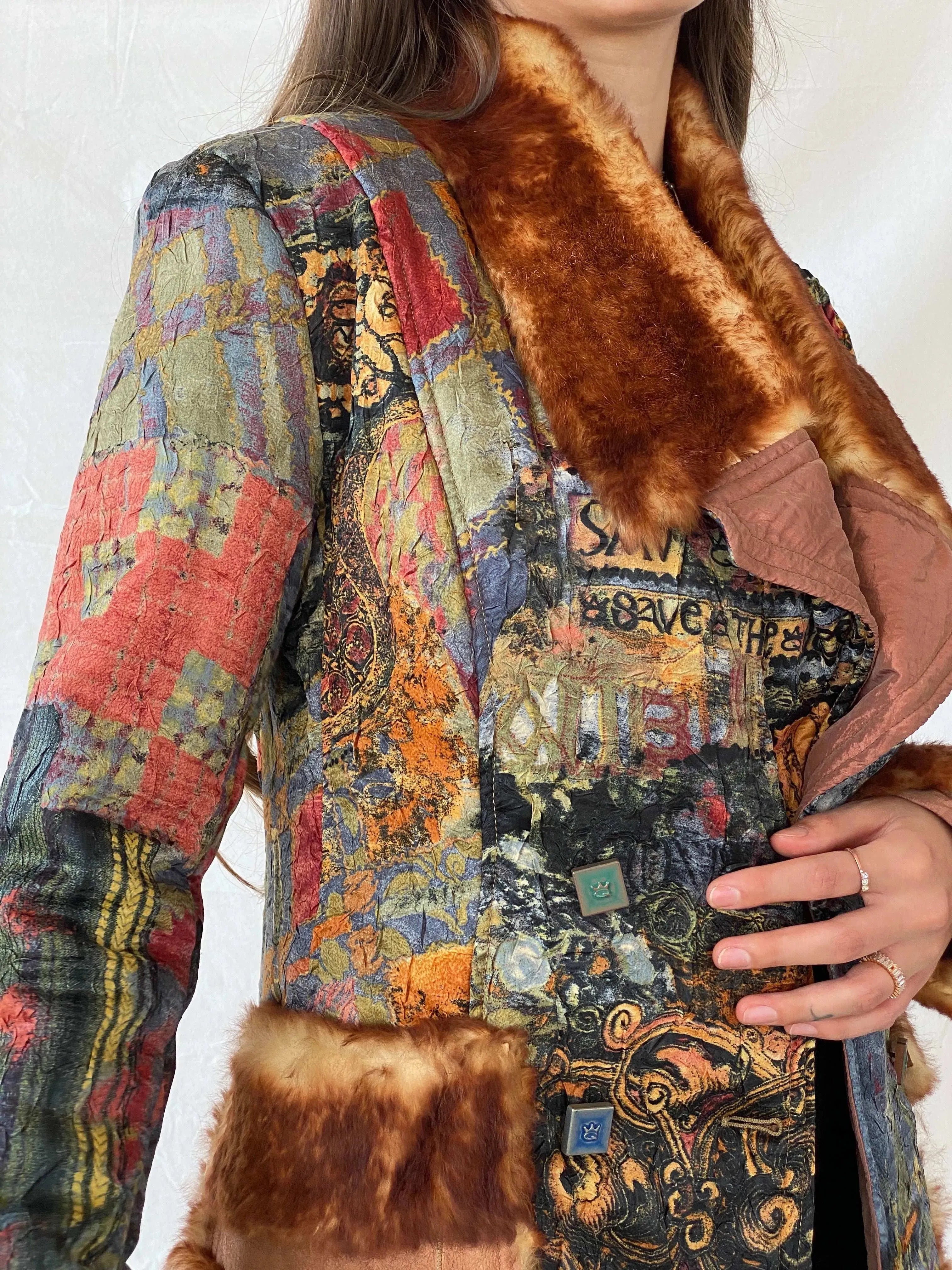 Insane Save The Queen Faux Fur Boho Printed Jacket - M - Balagan Vintage Coat 00s, coat, Coats&Jackets, consignment, Deals, fur jacket, Mira, rare find, rare vintage, Sadouf, save the queen, silk, vintage coat, winter