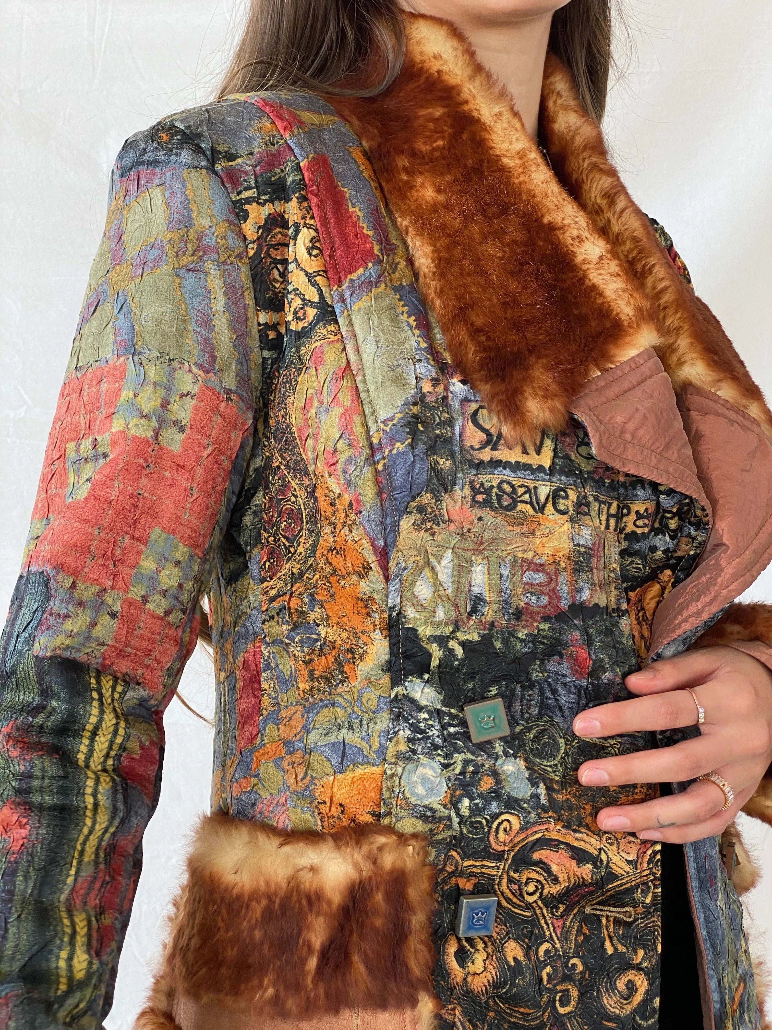 Insane Save The Queen Faux Fur Boho Printed Jacket - M - Balagan Vintage Coat 00s, coat, consignment, Deals, fur jacket, Mira, rare find, rare vintage, Sadouf, save the queen, silk, vintage coat, winter