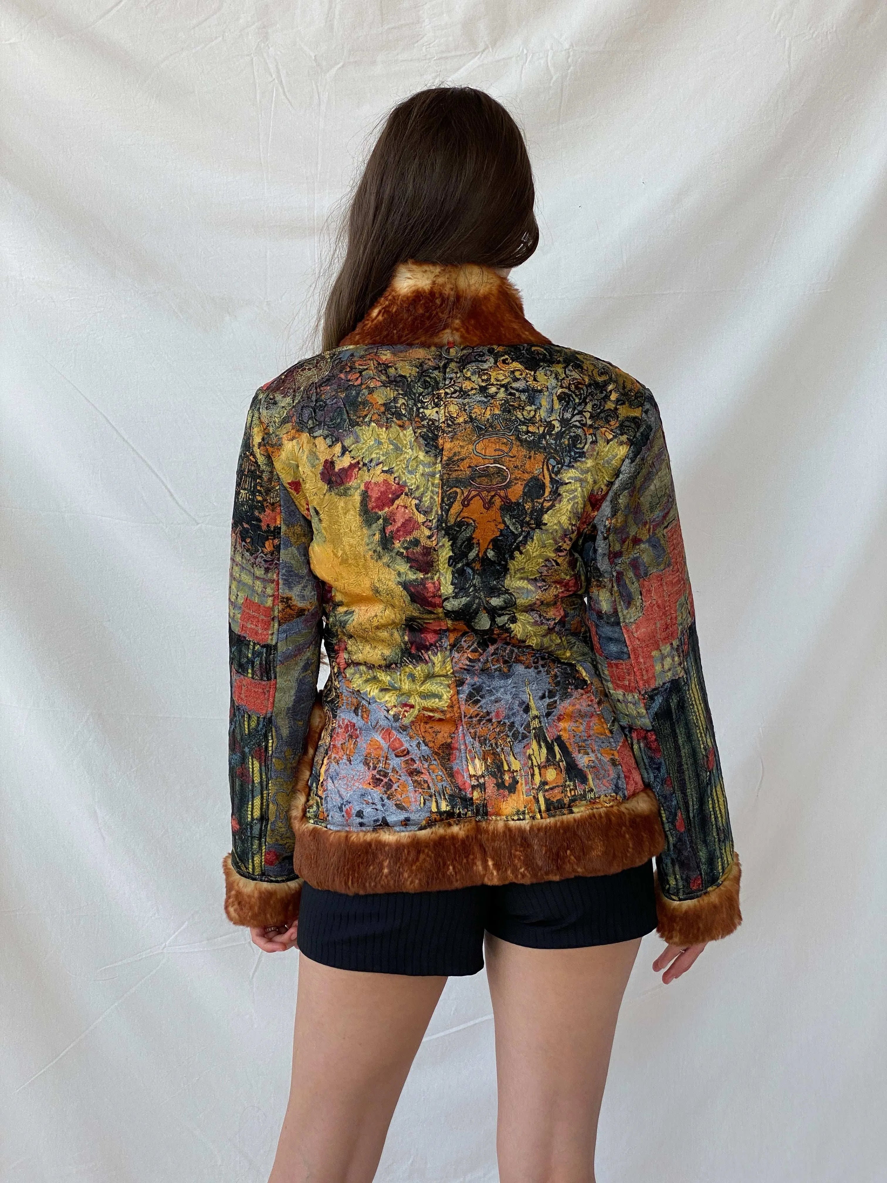 Insane Save The Queen Faux Fur Boho Printed Jacket - M - Balagan Vintage Coat 00s, coat, consignment, Deals, fur jacket, Mira, rare find, rare vintage, Sadouf, save the queen, silk, vintage coat, winter