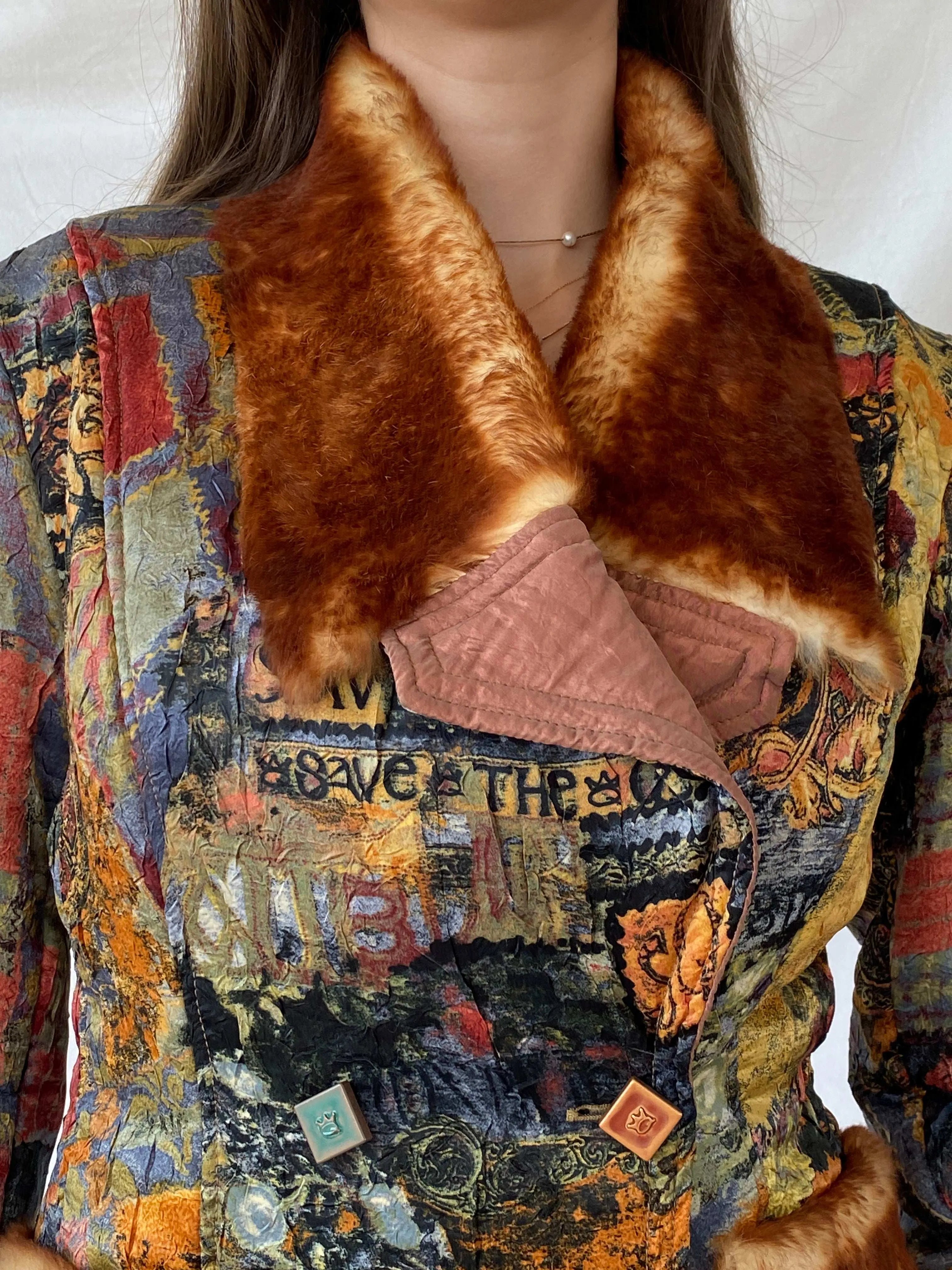 Insane Save The Queen Faux Fur Boho Printed Jacket - M - Balagan Vintage Coat 00s, coat, consignment, Deals, fur jacket, Mira, rare find, rare vintage, Sadouf, save the queen, silk, vintage coat, winter